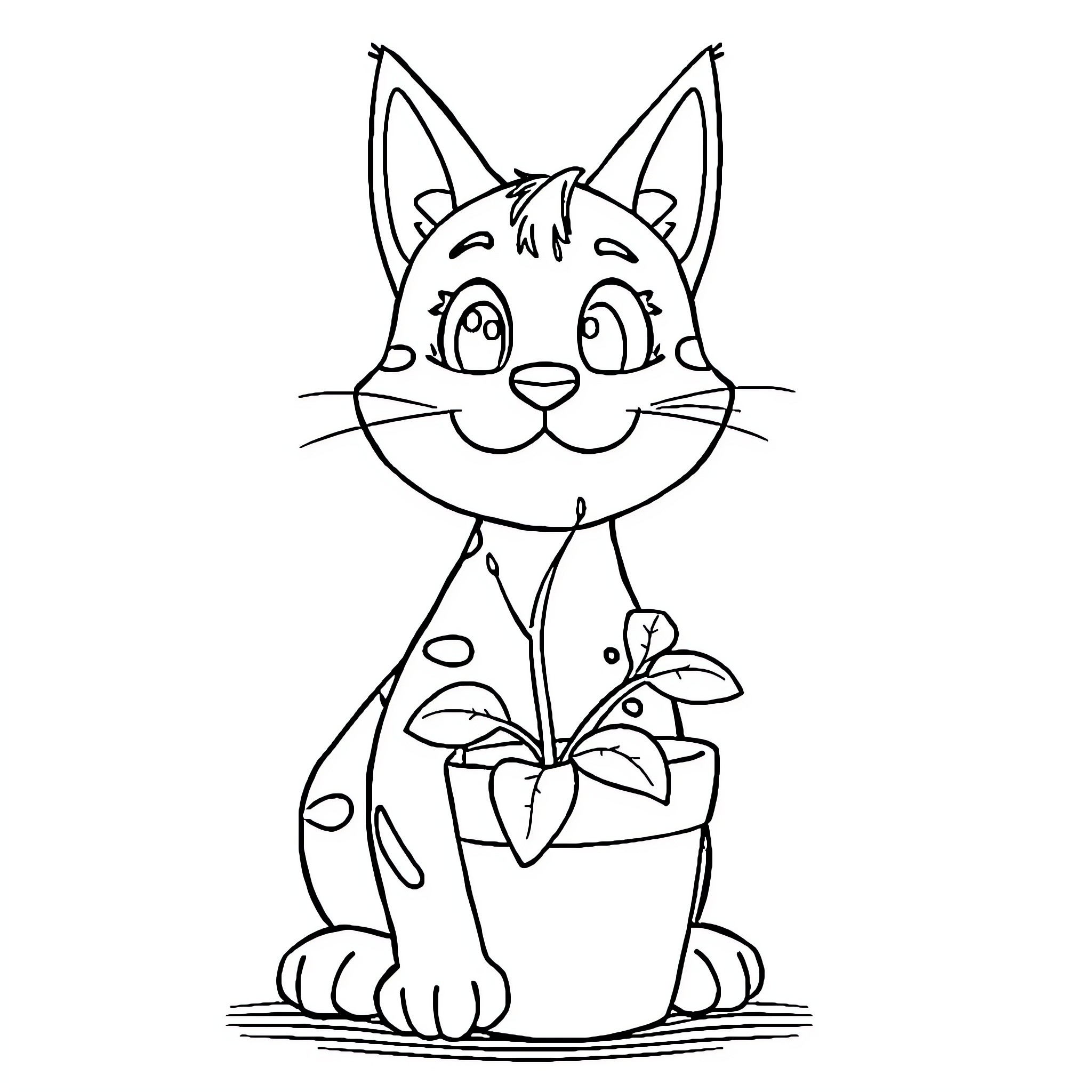 Splat Playful Kitty with Flower Pot Coloring Page (free black-and-white line drawing printable PDF for all, from beginners to advanced learners, including children, teens, adults, and seniors)