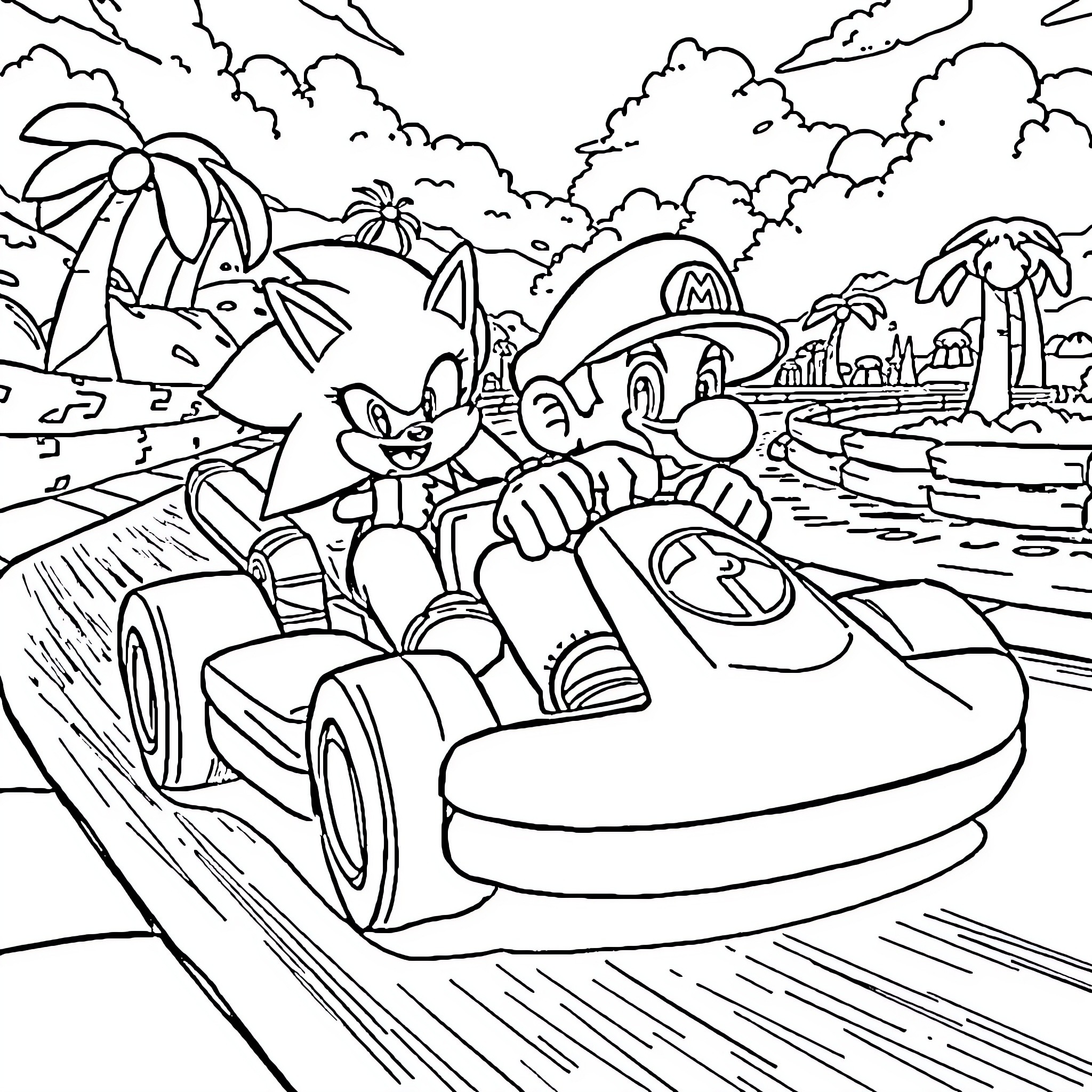Mario Kart Racing Through Tropical Landscape Coloring Page (free black-and-white line drawing printable PDF for all, from beginners to advanced learners, including children, teens, adults, and seniors)
