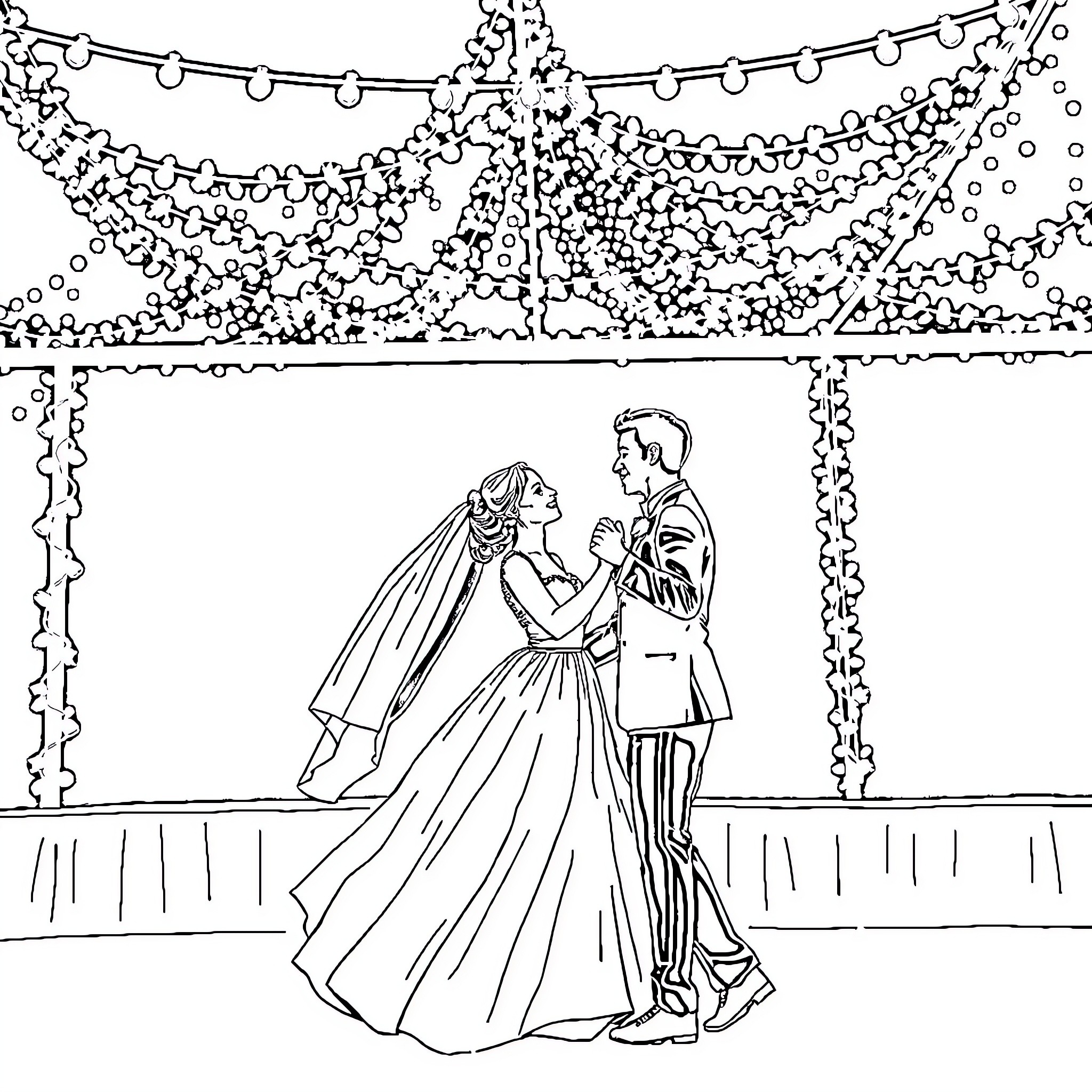 Bride and groom dancing at wedding ceremony Coloring Page (free black-and-white line drawing printable PDF for all, from beginners to advanced learners, including children, teens, adults, and seniors)