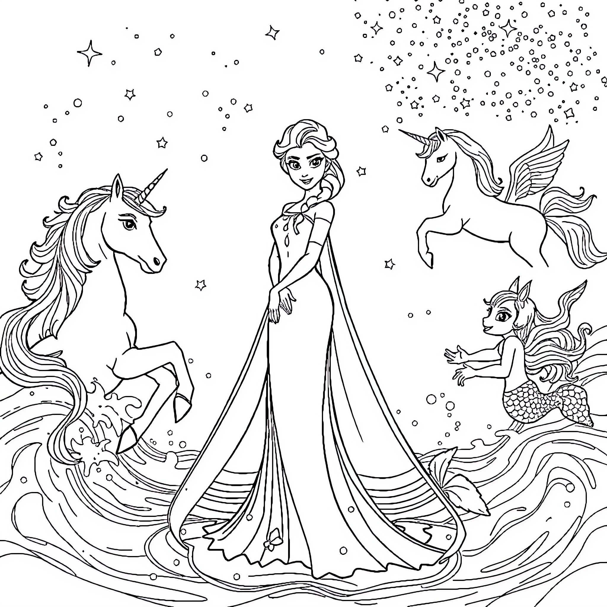 Elsa and her magical unicorns in the enchanted realm Coloring Page (free black-and-white line drawing printable PDF for all, from beginners to advanced learners, including children, teens, adults, and seniors)