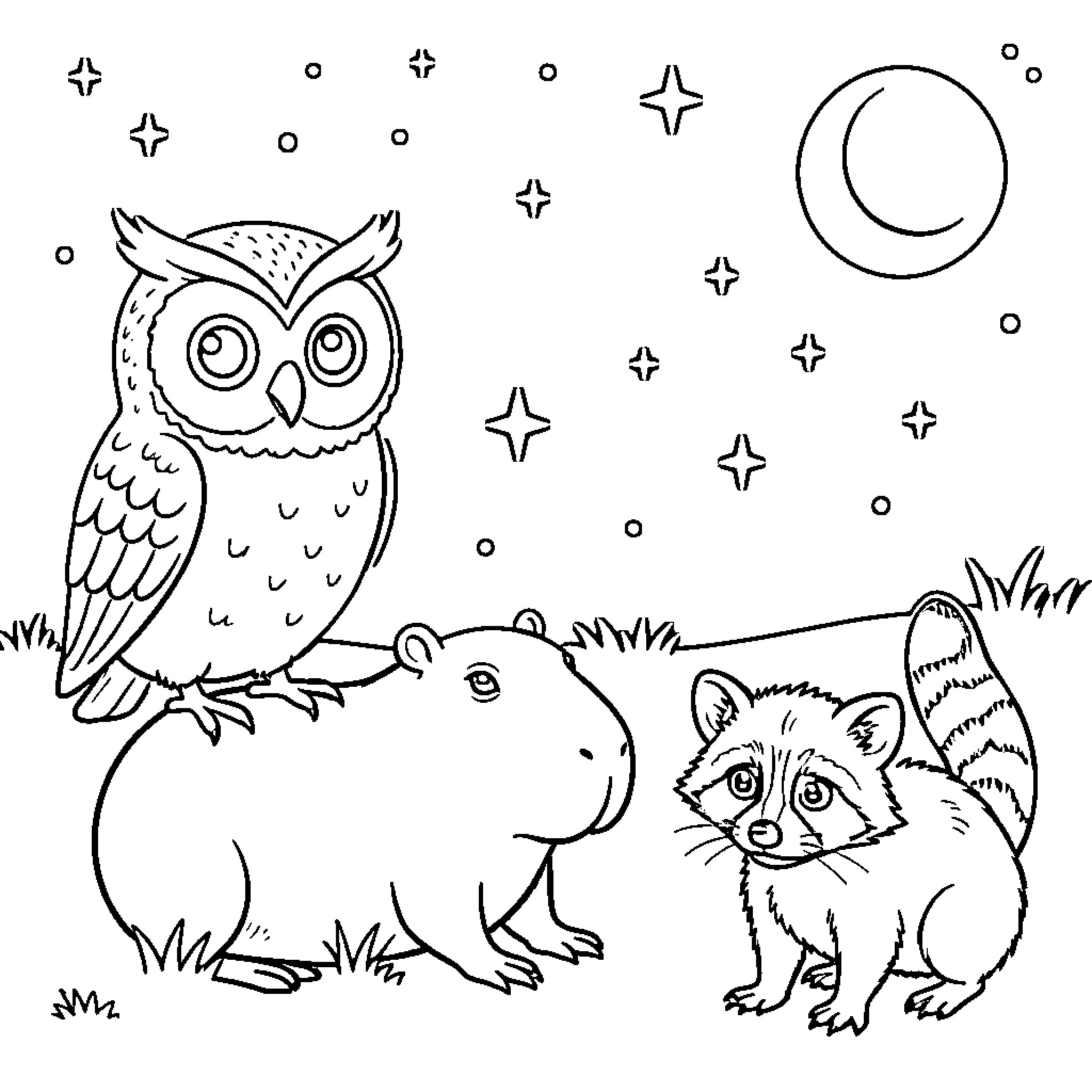 Nocturnal Animal Friends in the Night Sky Coloring Page (free black-and-white line drawing printable PDF for all, from beginners to advanced learners, including children, teens, adults, and seniors)