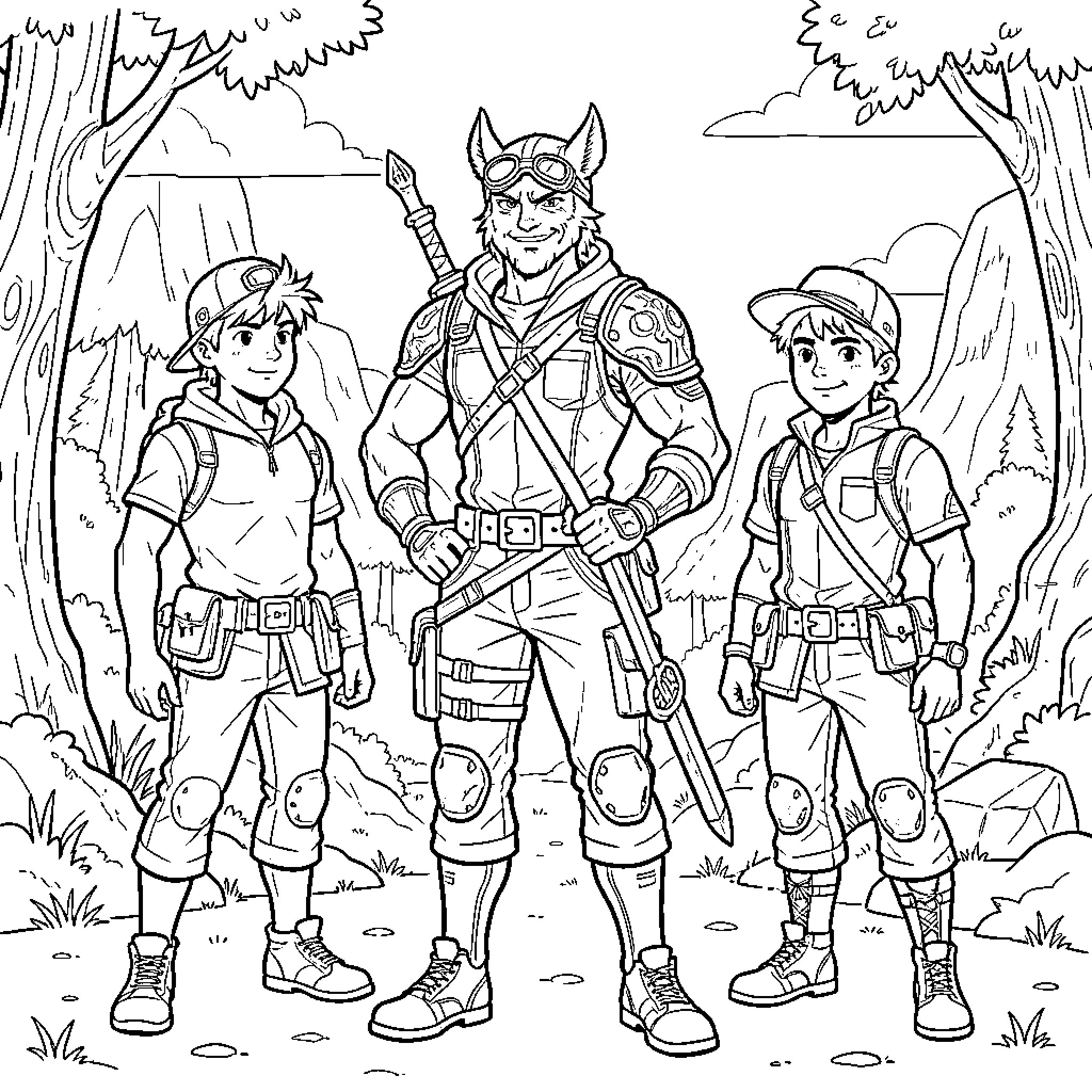 Huntrix trio standing together in a forest landscape Coloring Page (free black-and-white line drawing printable PDF for all, from beginners to advanced learners, including children, teens, adults, and seniors)