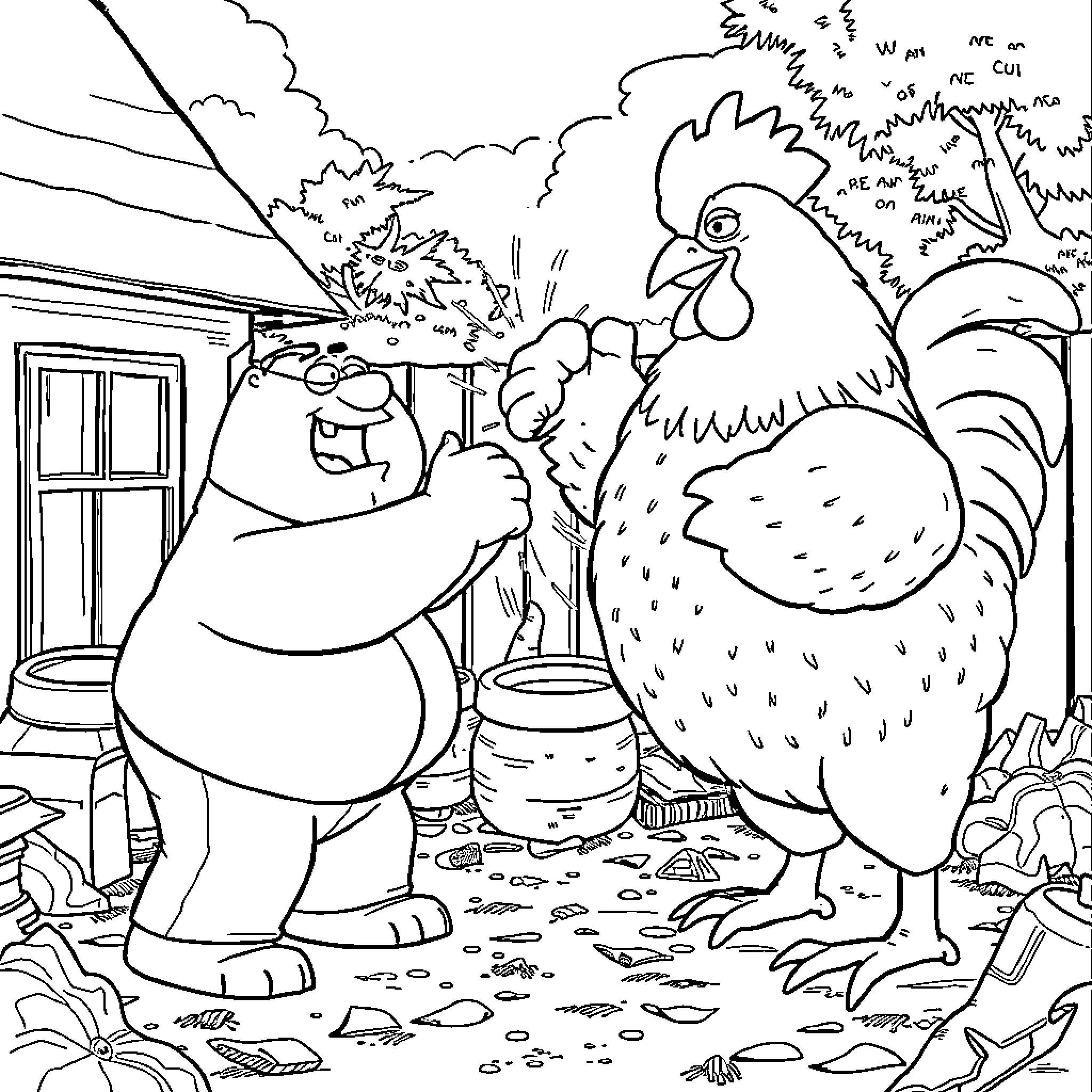 Peter Griffin and Rooster Argue in Chaotic Backyard Scene Coloring Page (free black-and-white line drawing printable PDF for all, from beginners to advanced learners, including children, teens, adults, and seniors)