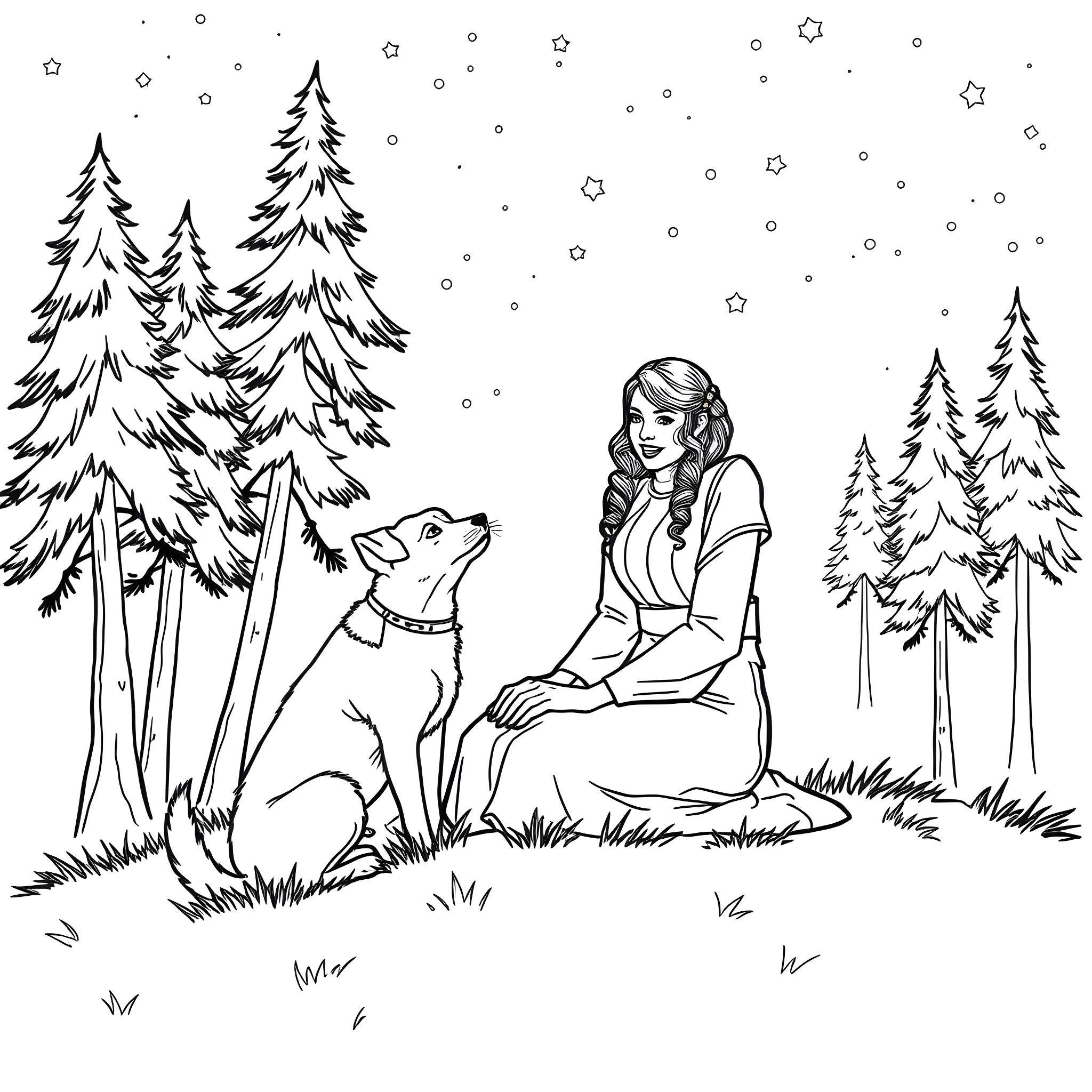 Princess Leia in a snowy forest with her loyal companion Coloring Page (free black-and-white line drawing printable PDF for all, from beginners to advanced learners, including children, teens, adults, and seniors)