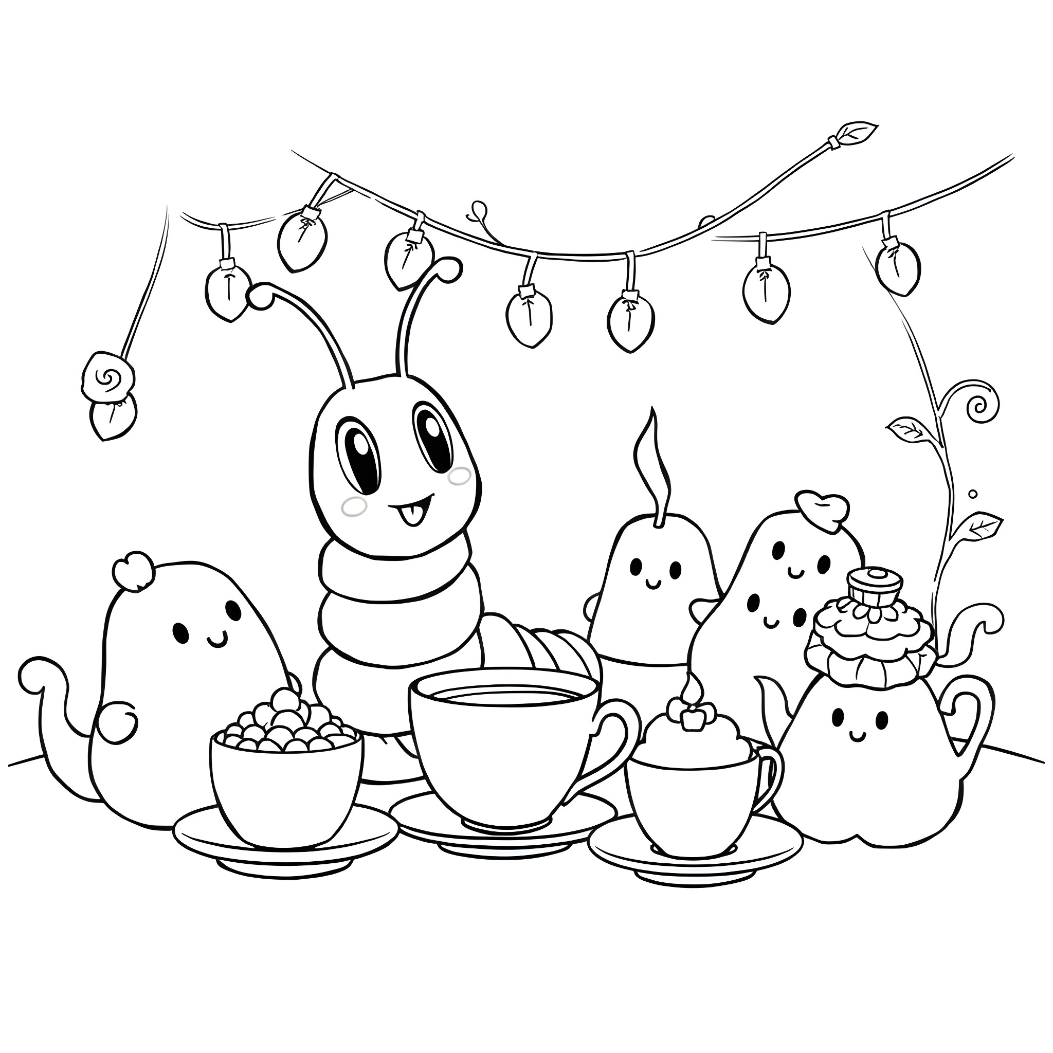 Caterpillar enjoying tea party with friends Coloring Page (free black-and-white line drawing printable PDF for all, from beginners to advanced learners, including children, teens, adults, and seniors)