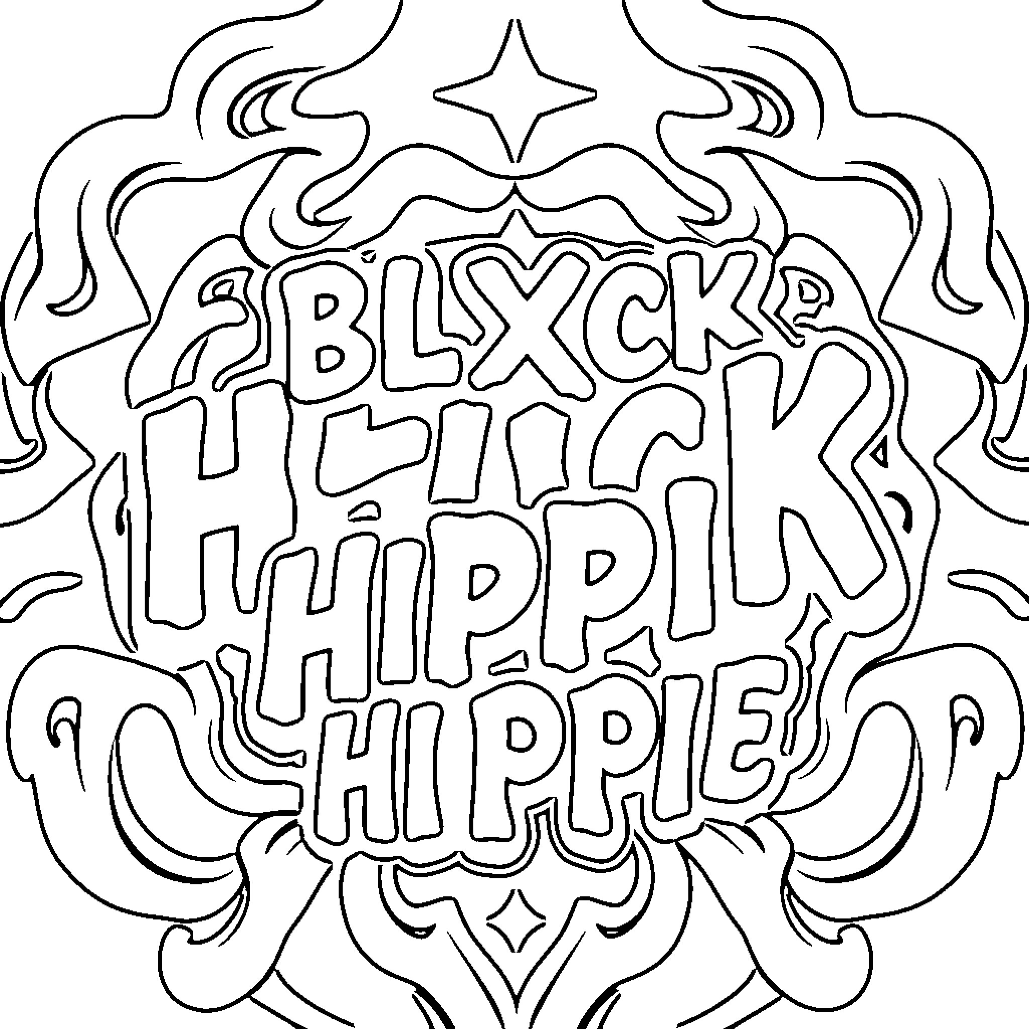 Logo of a psychedelic hippie-inspired design Coloring Page (free black-and-white line drawing printable PDF for all, from beginners to advanced learners, including children, teens, adults, and seniors)
