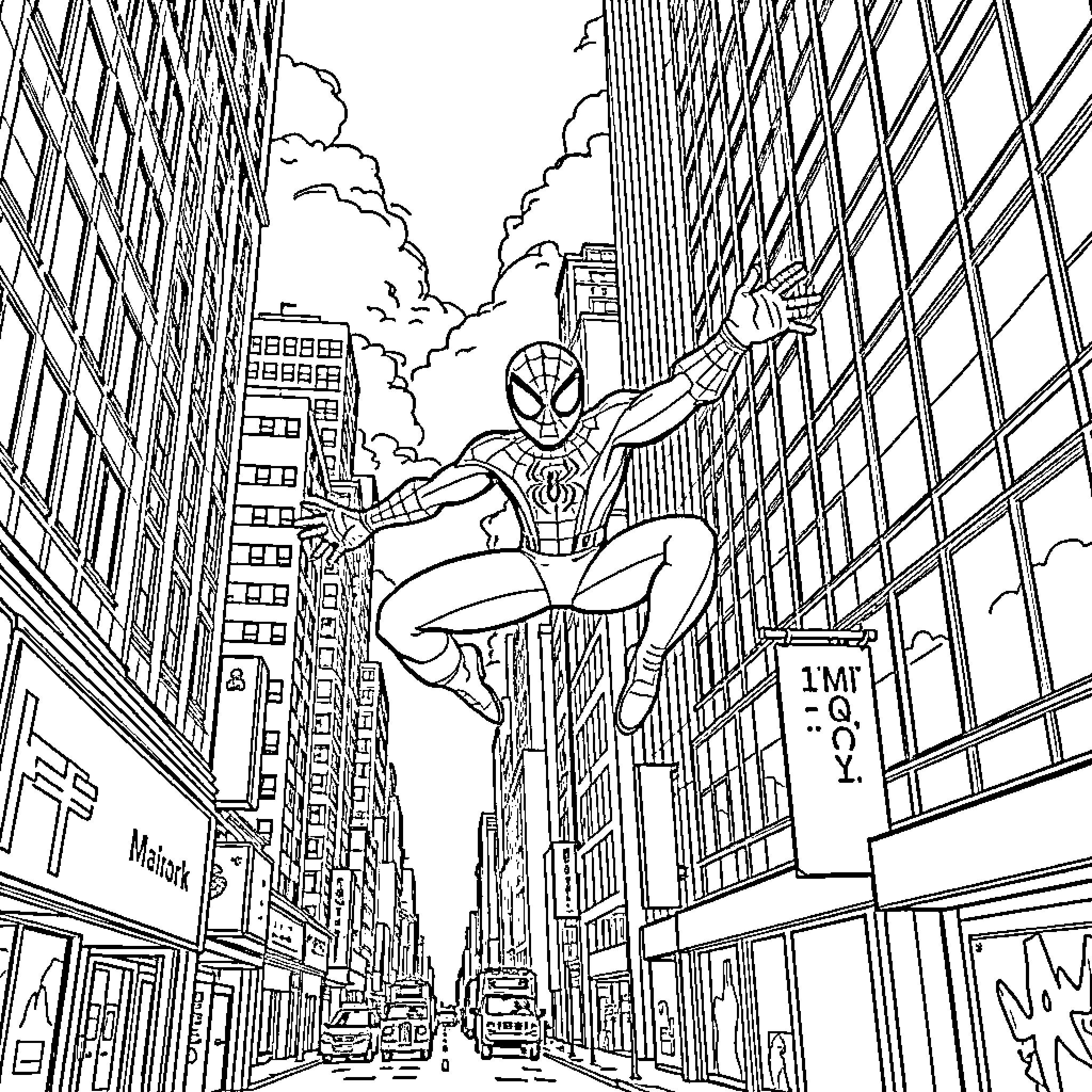 Spiderman swinging through the bustling city streets Coloring Page (free black-and-white line drawing printable PDF for all, from beginners to advanced learners, including children, teens, adults, and seniors)