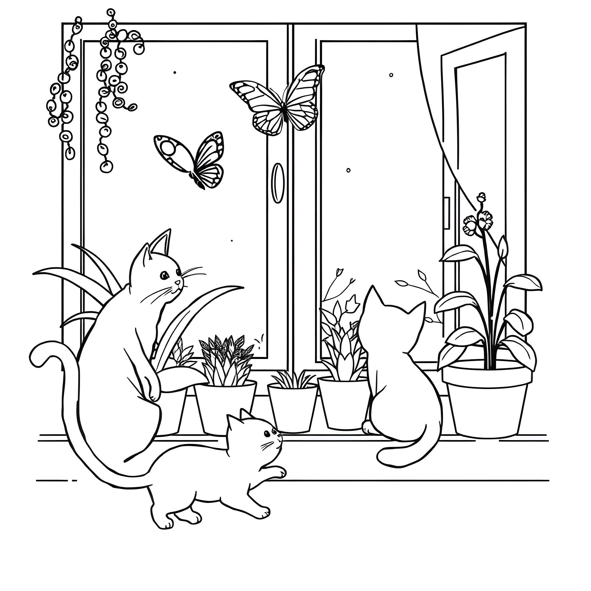 Cats enjoying nature and butterflies in the room Coloring Page (free black-and-white line drawing printable PDF for all, from beginners to advanced learners, including children, teens, adults, and seniors)