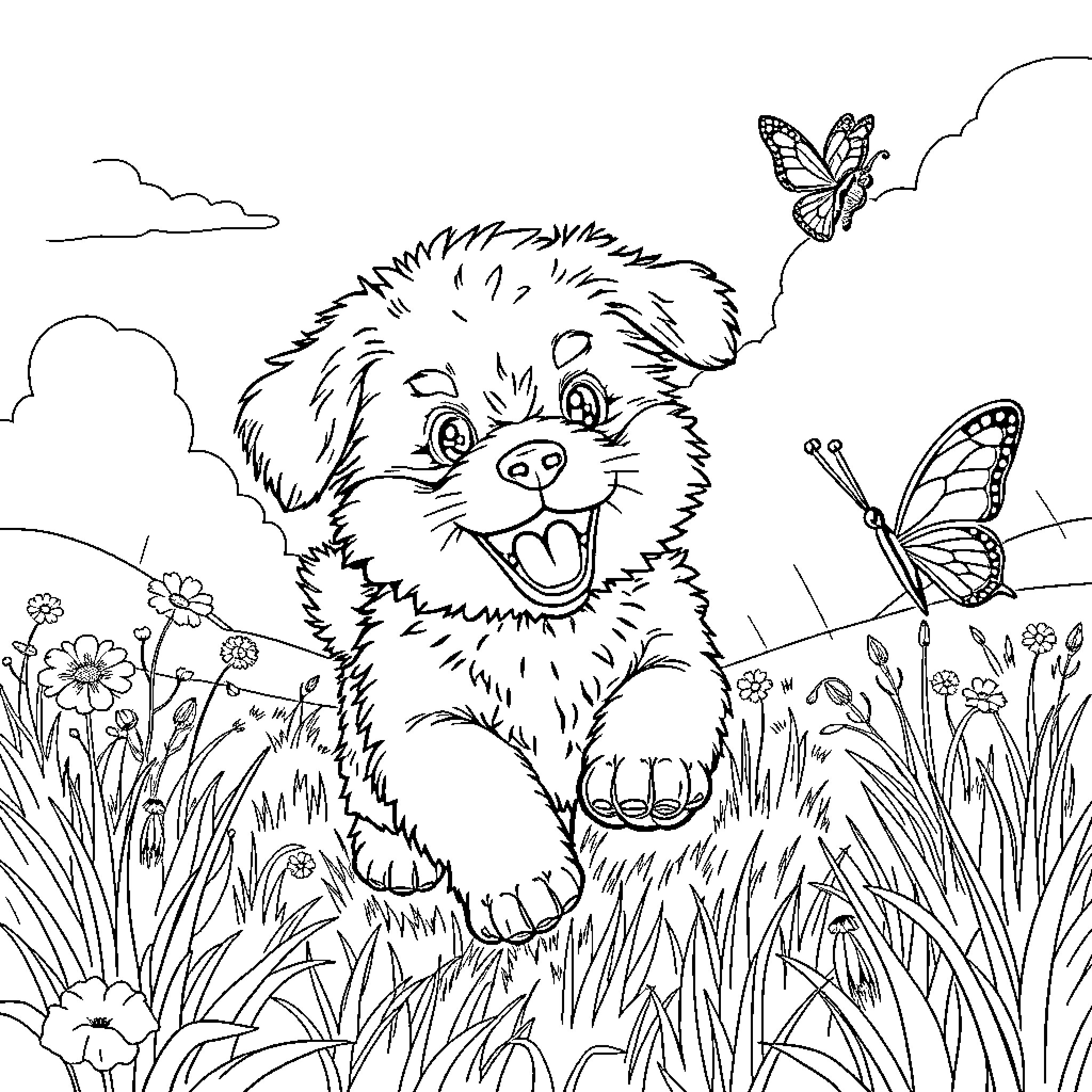 Puppy enjoying a sunny day with butterflies Coloring Page (free black-and-white line drawing printable PDF for all, from beginners to advanced learners, including children, teens, adults, and seniors)