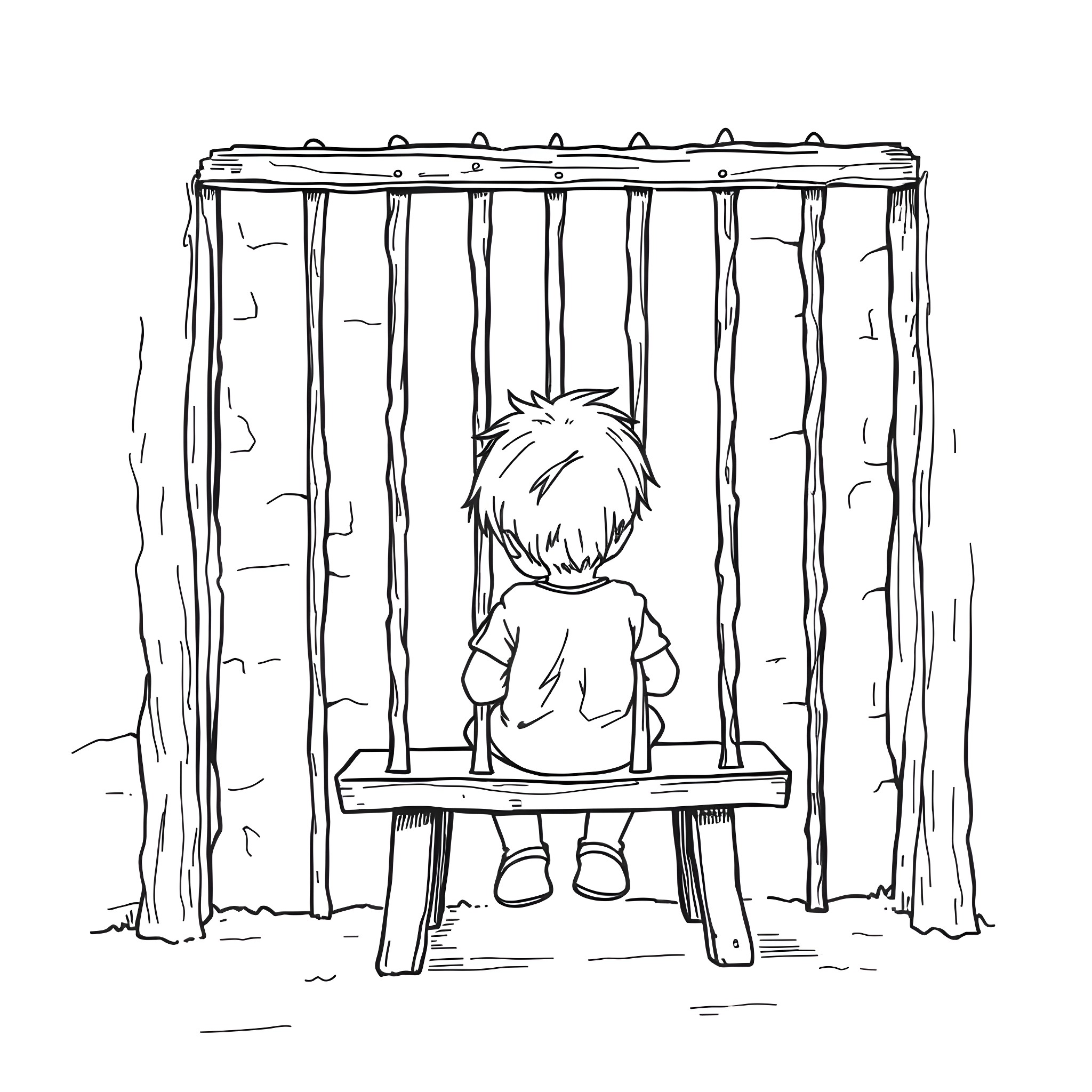 Kid alone on a bench behind curtains Coloring Page (free black-and-white line drawing printable PDF for all, from beginners to advanced learners, including children, teens, adults, and seniors)