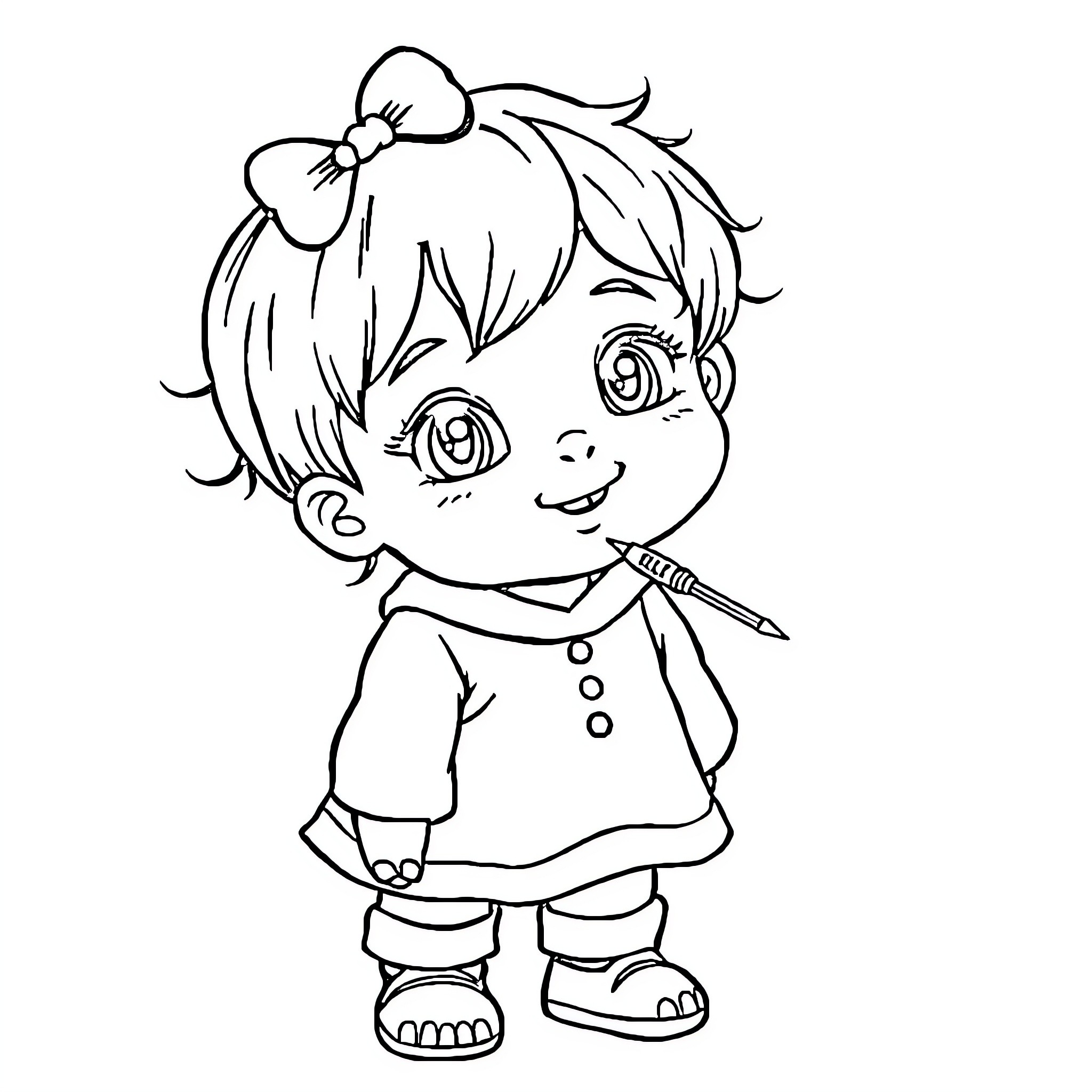 Kids playing with drawing pencil happily Coloring Page (free black-and-white line drawing printable PDF for all, from beginners to advanced learners, including children, teens, adults, and seniors)