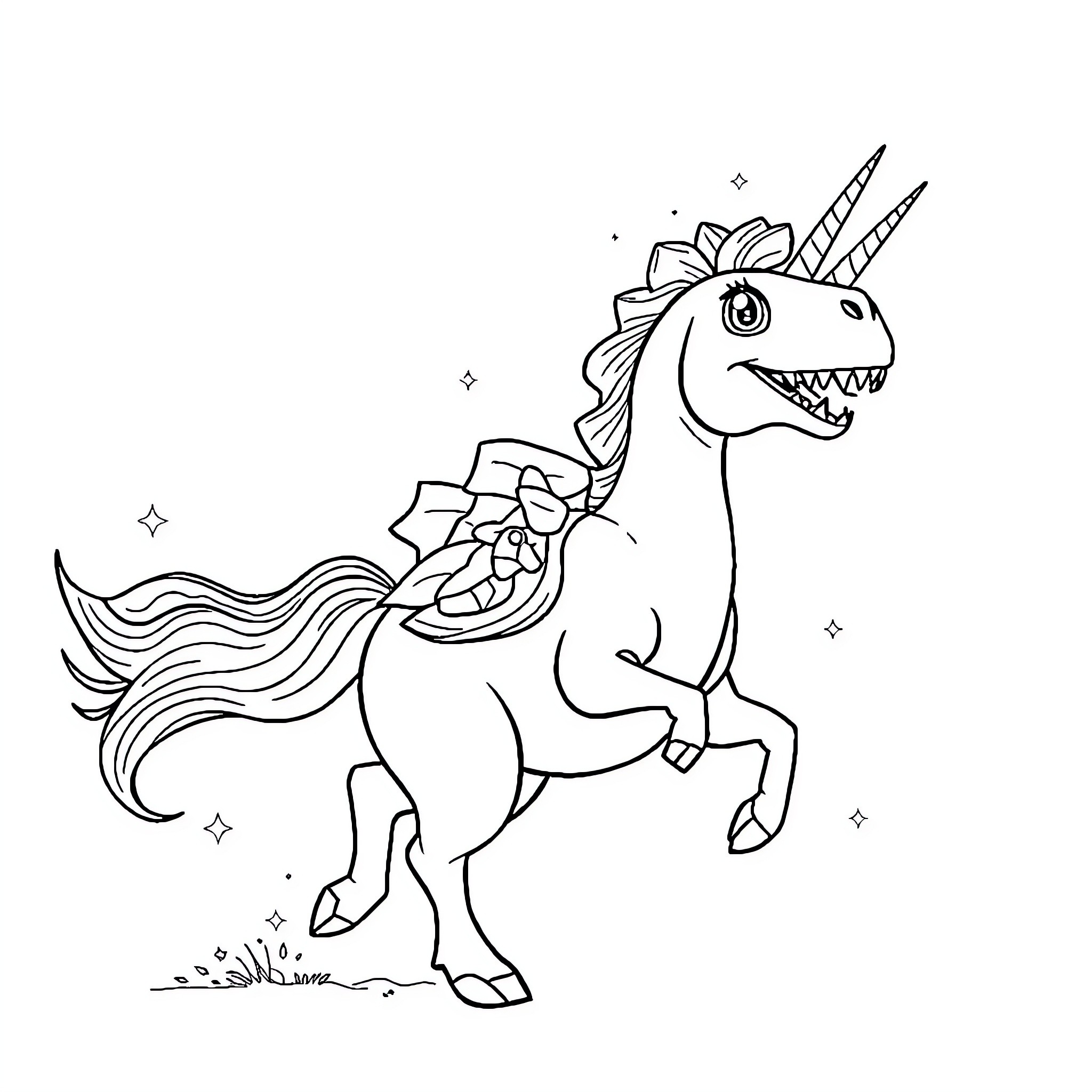 Dinosaur Unicorn Showing Teeth Playfully Coloring Page (free black-and-white line drawing printable PDF for all, from beginners to advanced learners, including children, teens, adults, and seniors)