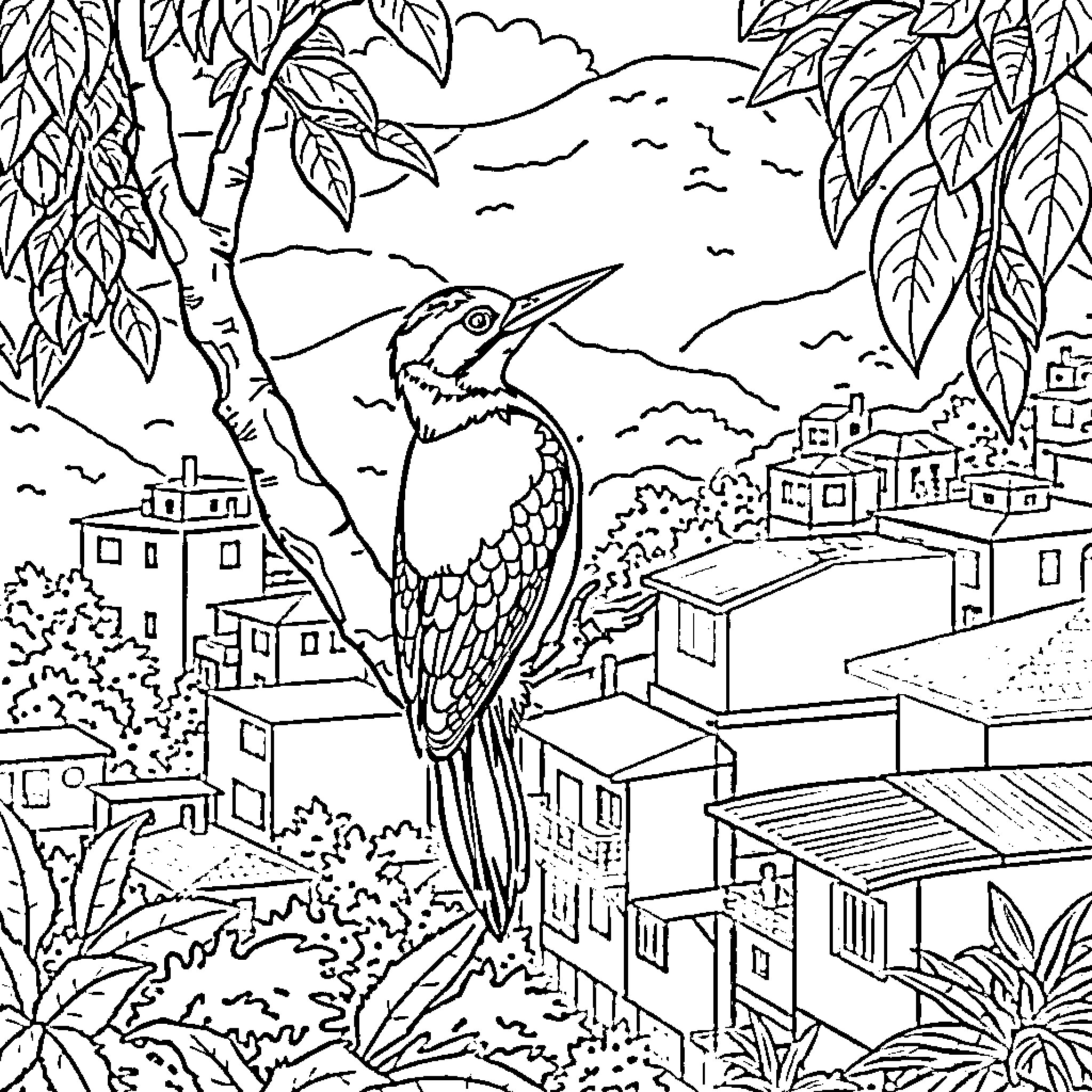 Woodpecker perching in a lush, scenic landscape Coloring Page (free black-and-white line drawing printable PDF for all, from beginners to advanced learners, including children, teens, adults, and seniors)