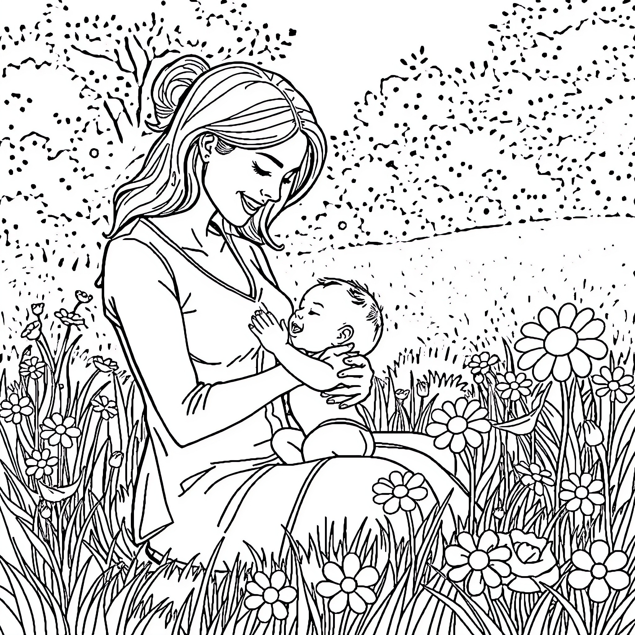 Baby bonding with mother in blooming garden Coloring Page (free black-and-white line drawing printable PDF for all, from beginners to advanced learners, including children, teens, adults, and seniors)