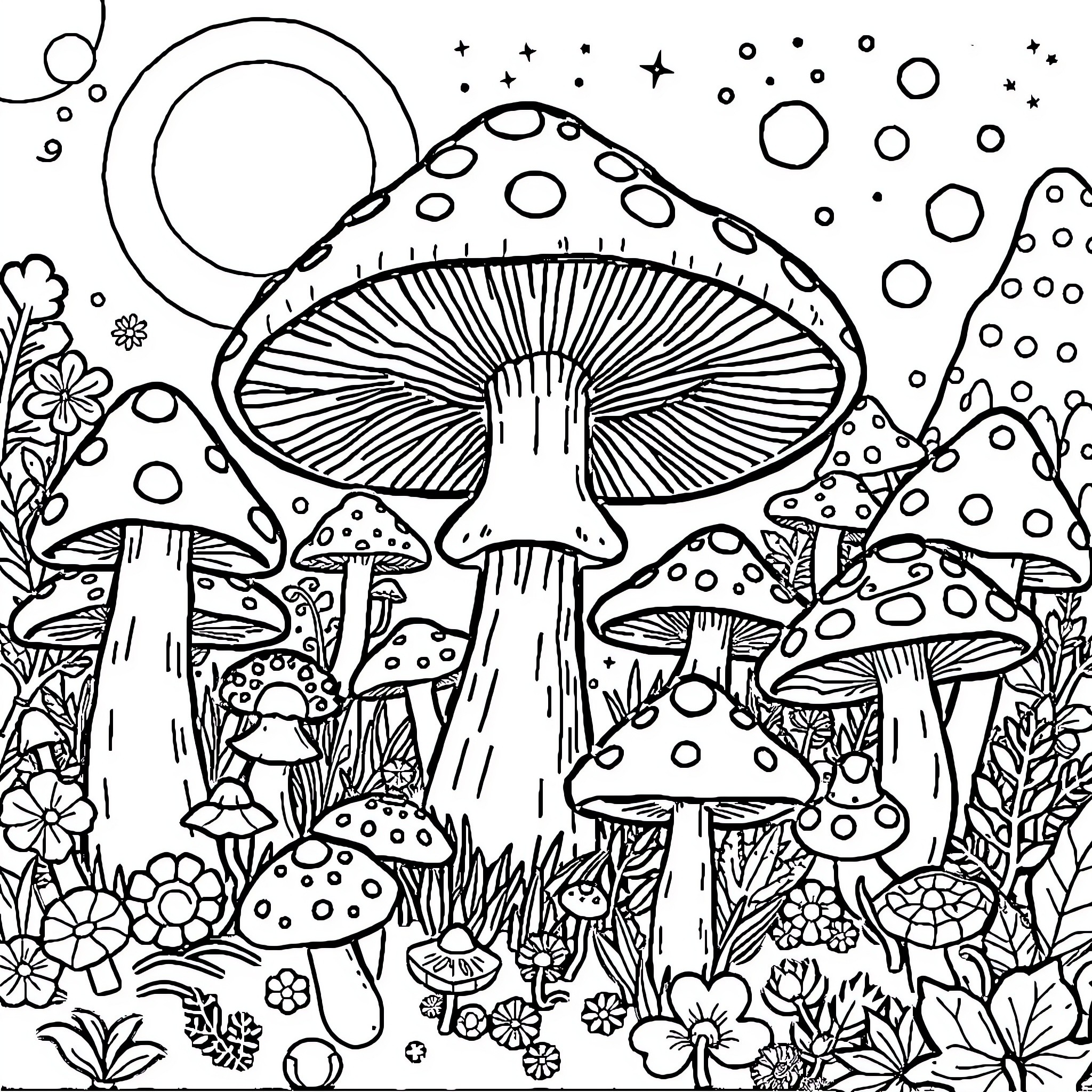 Mushroom Fantasy Forest with Whimsical Illustrations Coloring Page (free black-and-white line drawing printable PDF for all, from beginners to advanced learners, including children, teens, adults, and seniors)