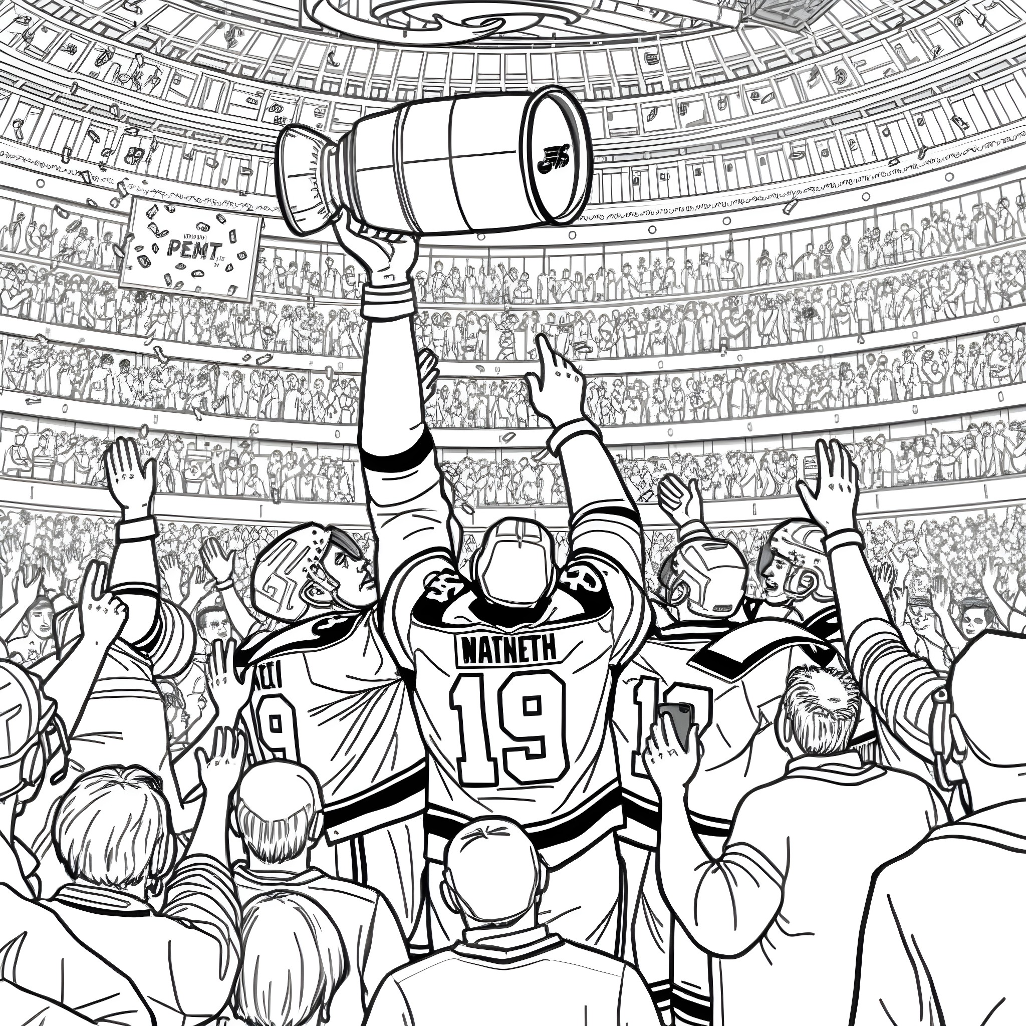 Hockey Team Celebrating in the Stadium Coloring Page (free black-and-white line drawing printable PDF for all, from beginners to advanced learners, including children, teens, adults, and seniors)
