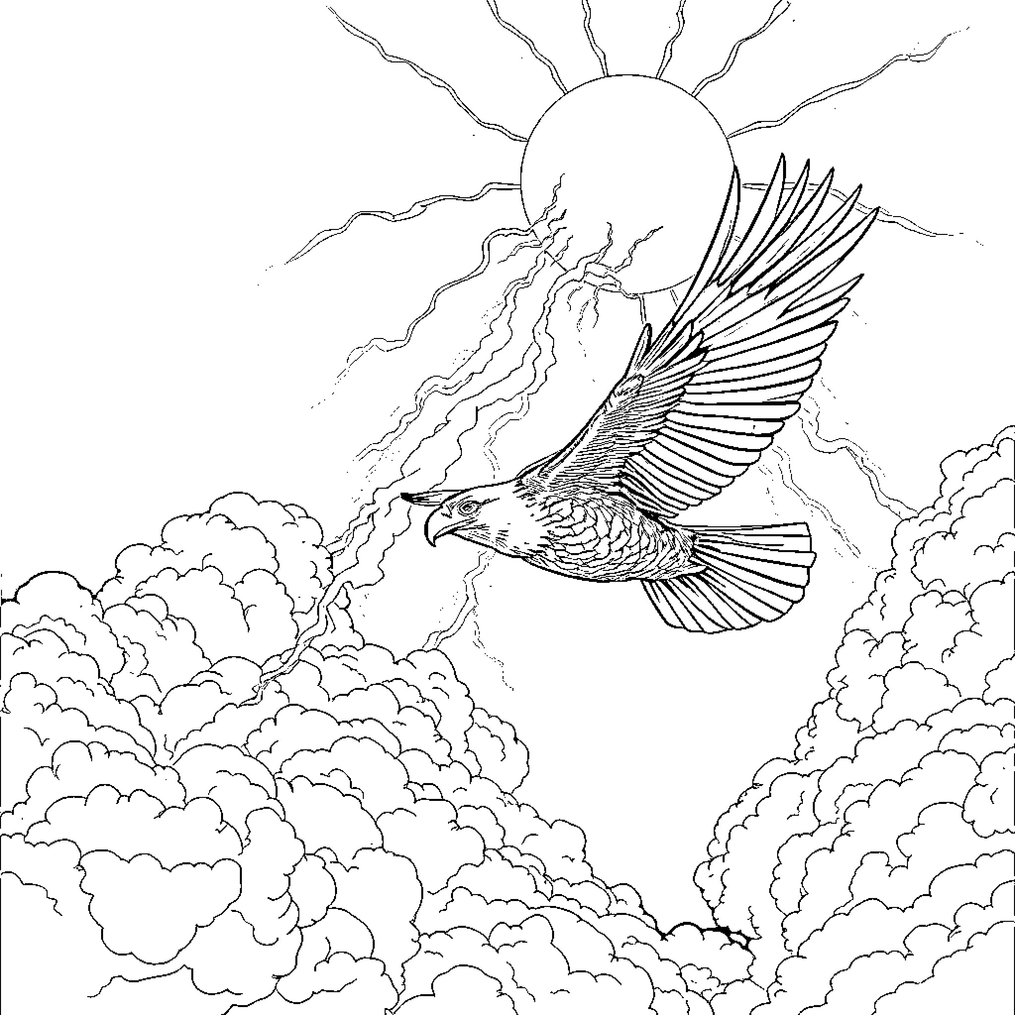 Eagle soaring through majestic clouds Coloring Page (free black-and-white line drawing printable PDF for all, from beginners to advanced learners, including children, teens, adults, and seniors)