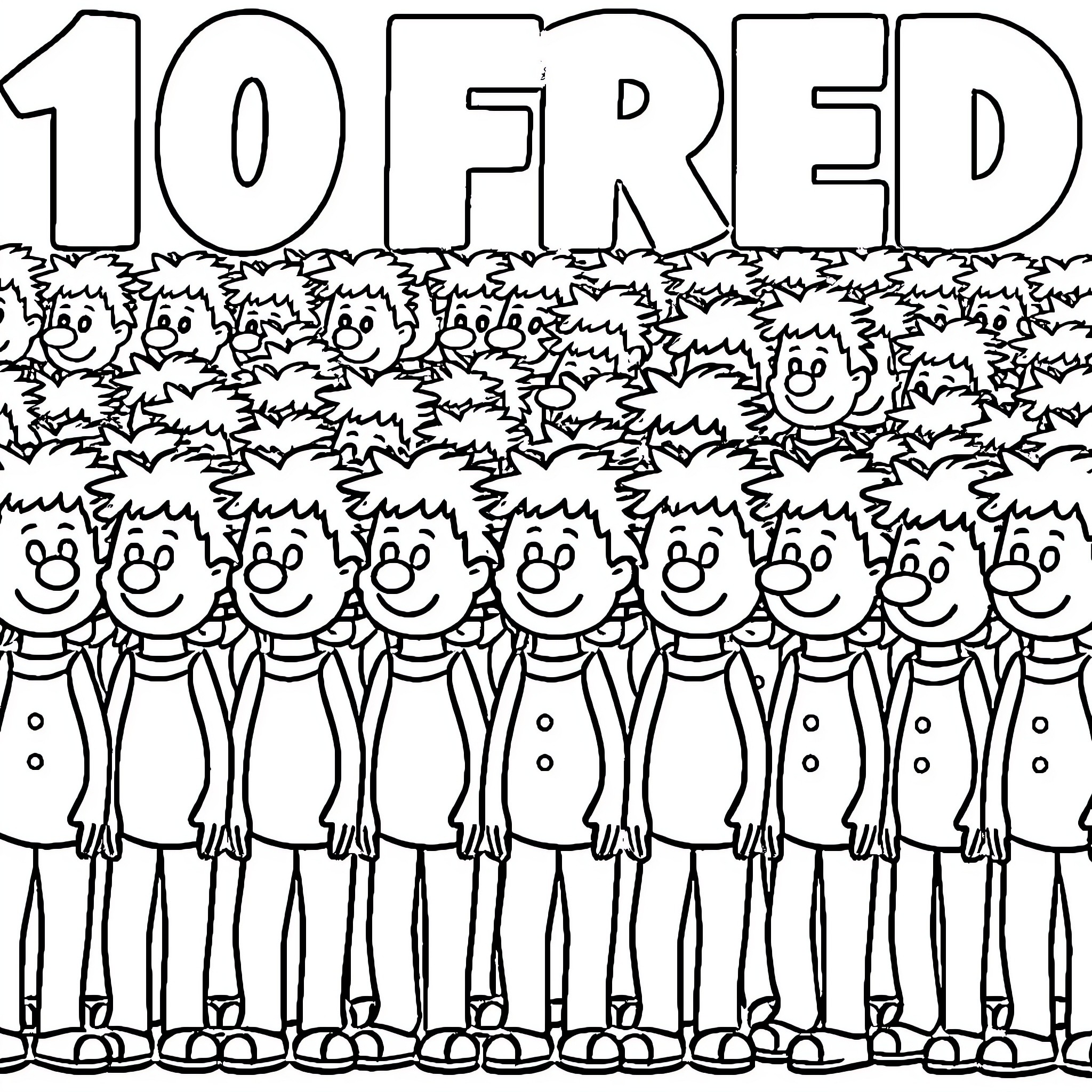 Fred and his 10 friends lined up Coloring Page (free black-and-white line drawing printable PDF for all, from beginners to advanced learners, including children, teens, adults, and seniors)