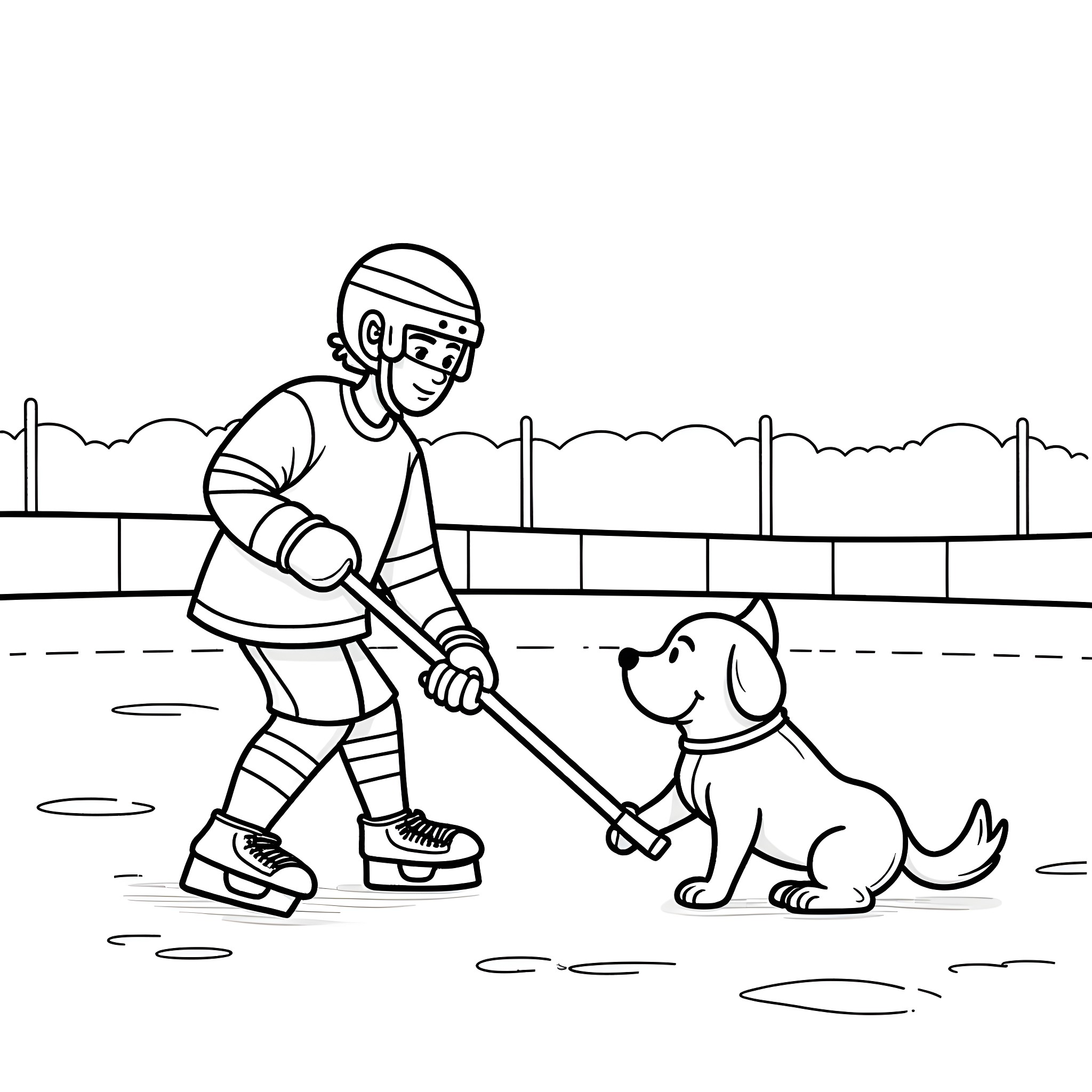 Hockey Player Training with Dog Companion Coloring Page (free black-and-white line drawing printable PDF for all, from beginners to advanced learners, including children, teens, adults, and seniors)