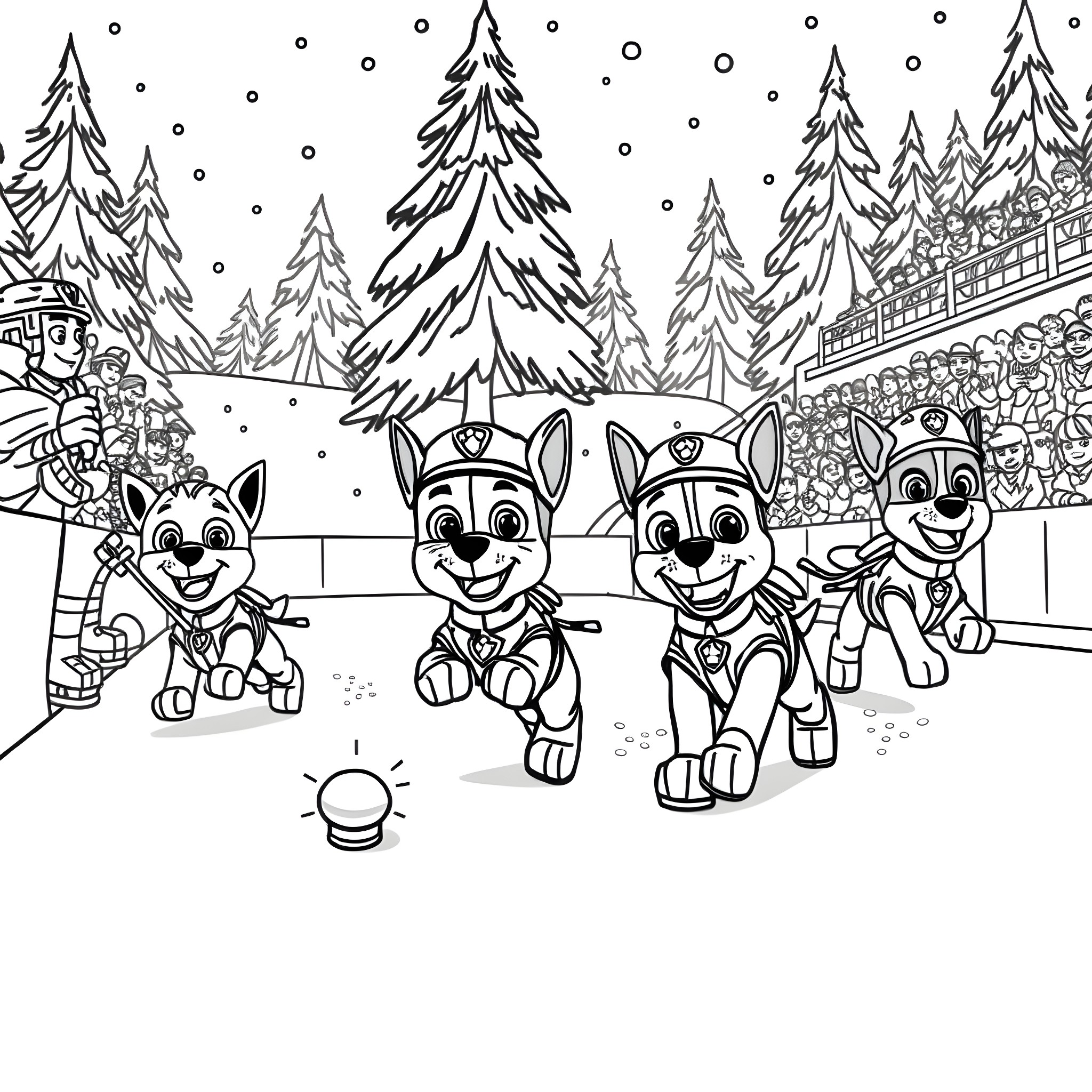 Paw Patrol team on winter adventure Coloring Page (free black-and-white line drawing printable PDF for all, from beginners to advanced learners, including children, teens, adults, and seniors)