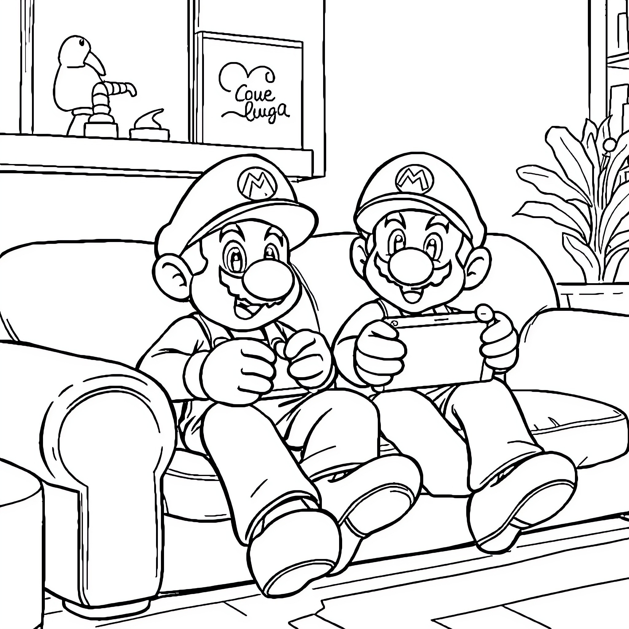 Mario and Luigi playing video games Coloring Page (free black-and-white line drawing printable PDF for all, from beginners to advanced learners, including children, teens, adults, and seniors)