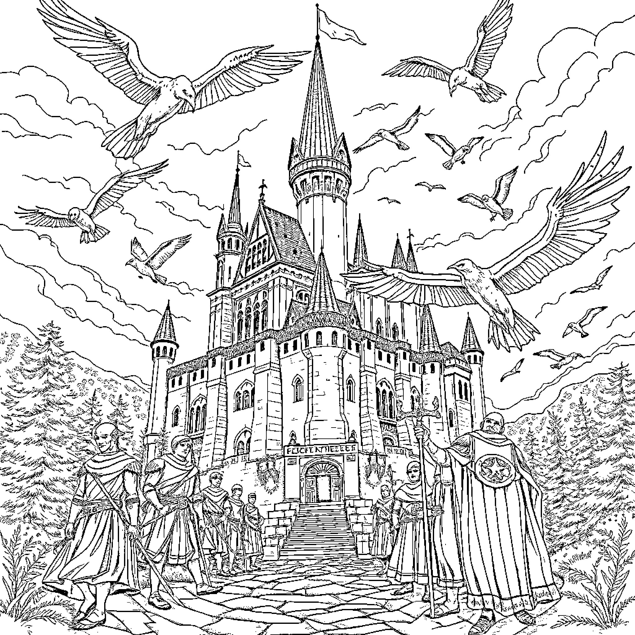 Castle with Majestic Architecture and Fantastical Creatures Coloring Page (free black-and-white line drawing printable PDF for all, from beginners to advanced learners, including children, teens, adults, and seniors)