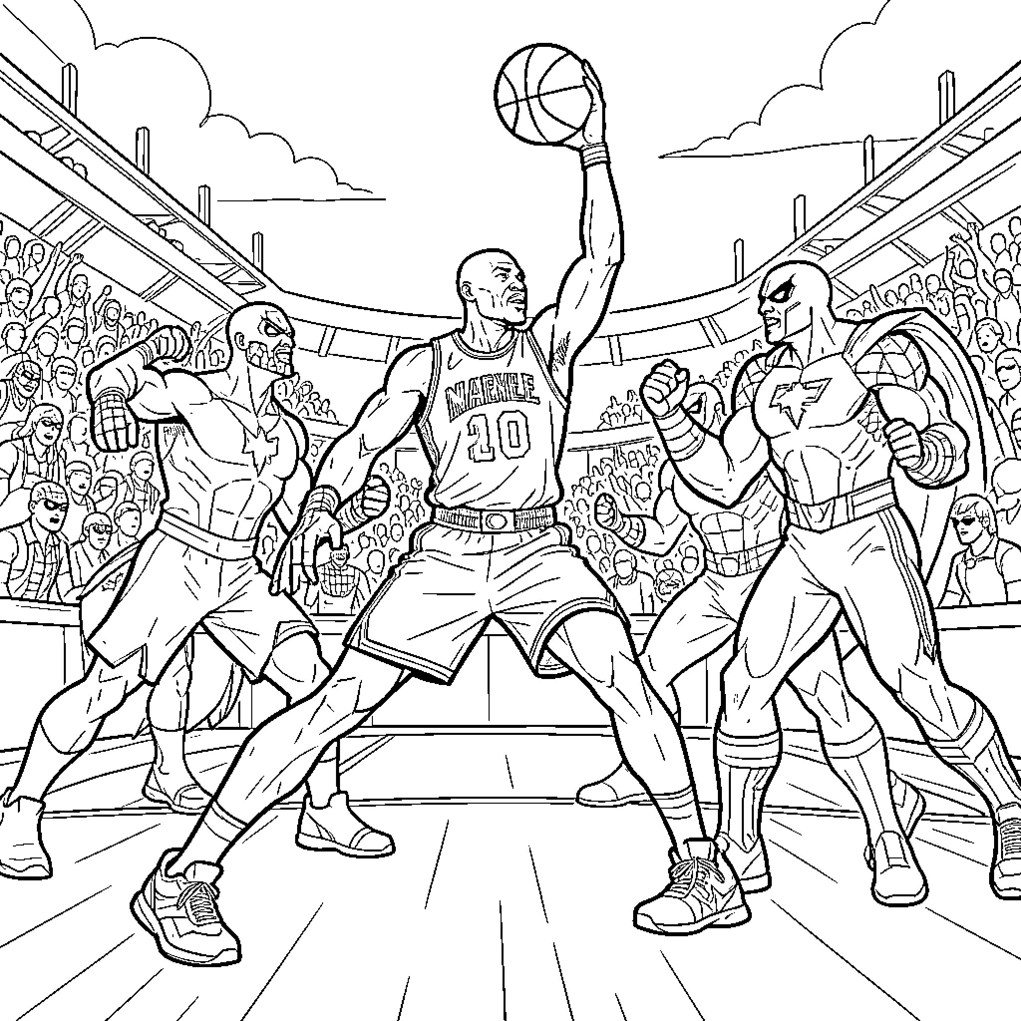 Michael Jordan playing basketball in a crowded stadium Coloring Page (free black-and-white line drawing printable PDF for all, from beginners to advanced learners, including children, teens, adults, and seniors)