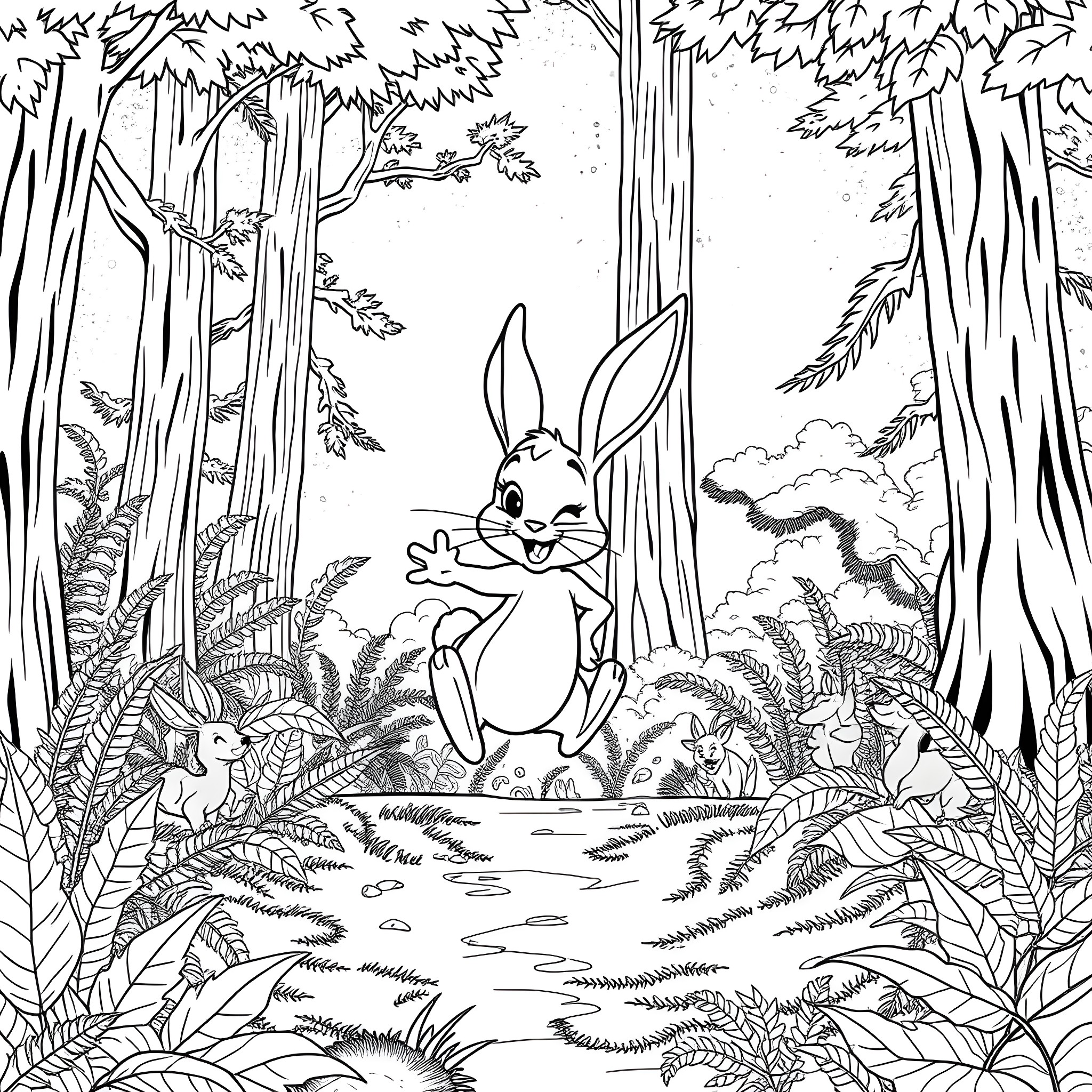 Thumper frolicking in the enchanted forest Coloring Page (free black-and-white line drawing printable PDF for all, from beginners to advanced learners, including children, teens, adults, and seniors)
