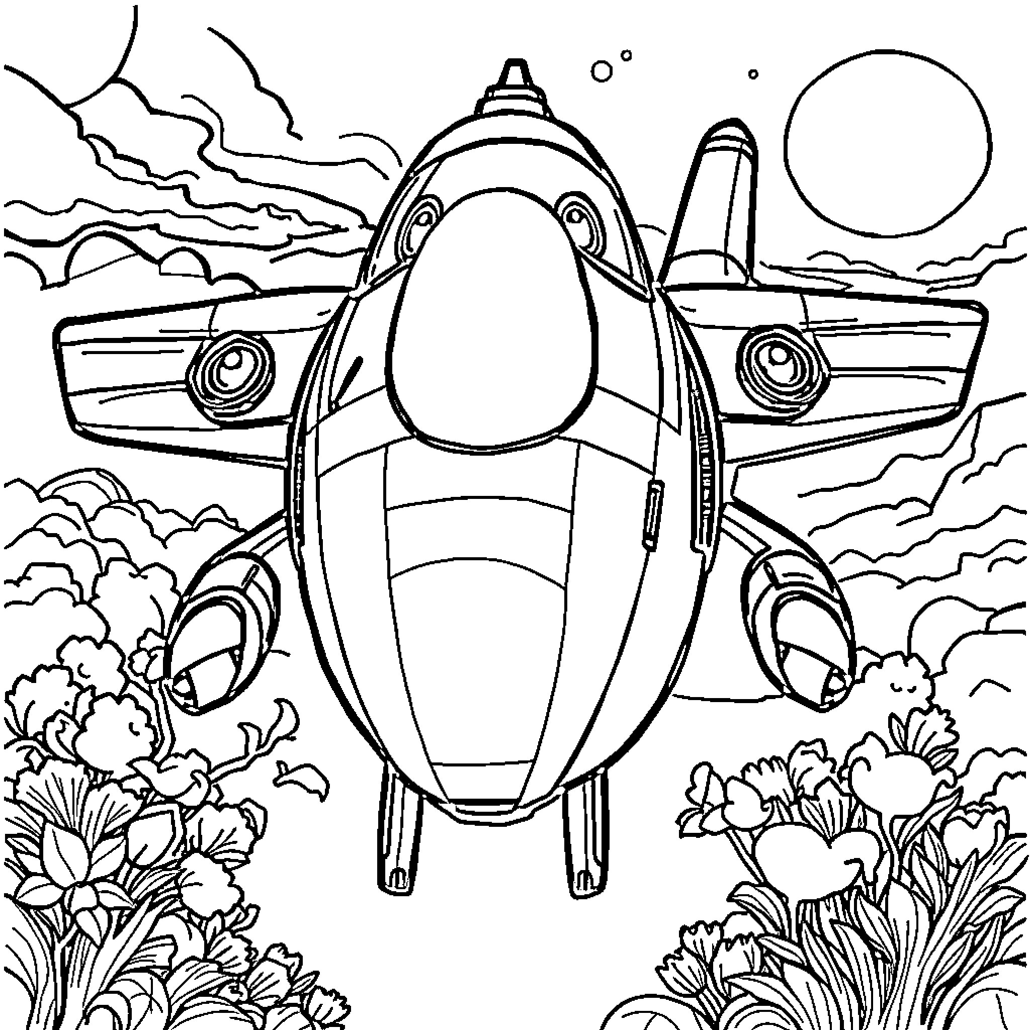 Airplane soaring above the clouds and flowers Coloring Page (free black-and-white line drawing printable PDF for all, from beginners to advanced learners, including children, teens, adults, and seniors)