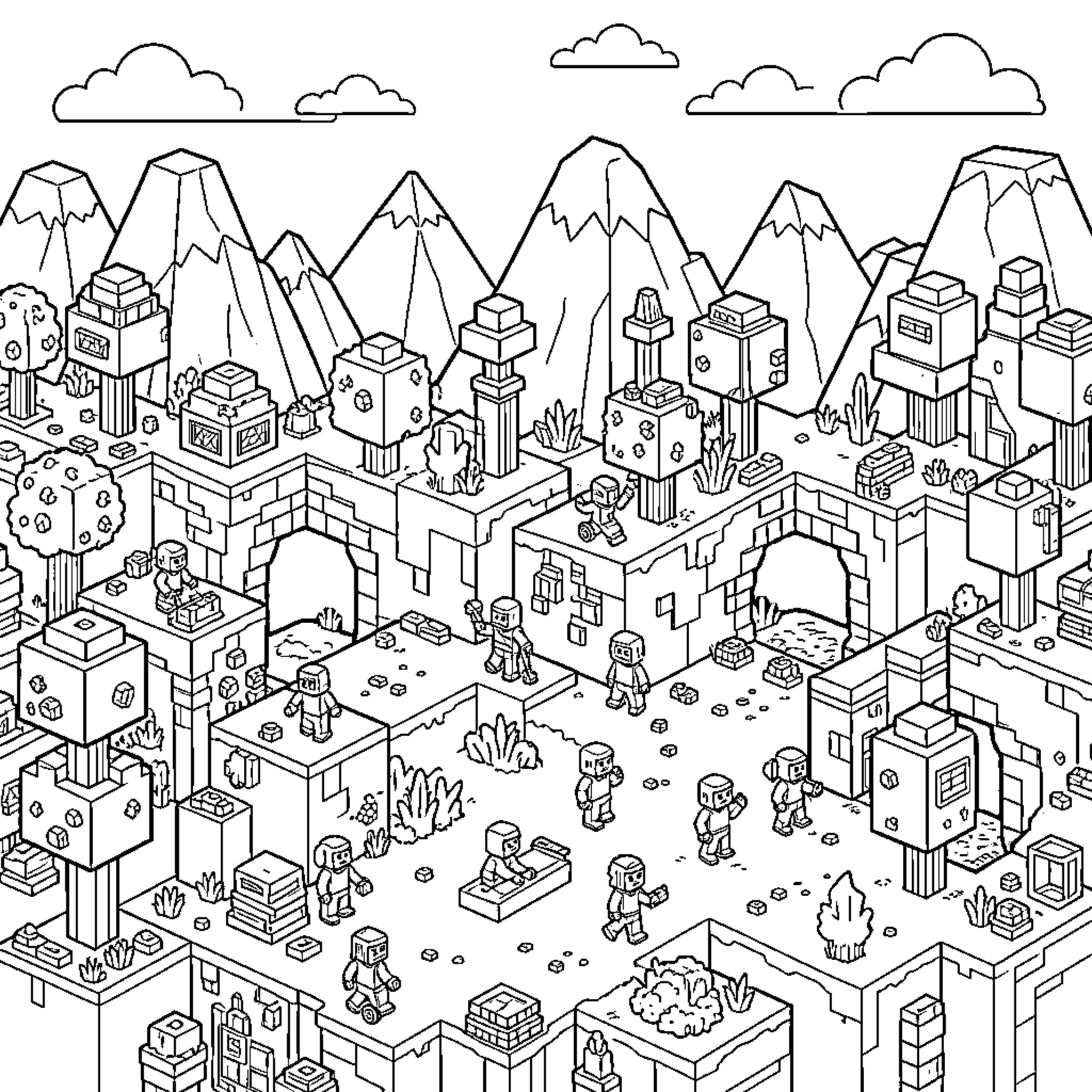 Minecraft characters exploring a blocky mountainous landscape Coloring Page (free black-and-white line drawing printable PDF for all, from beginners to advanced learners, including children, teens, adults, and seniors)