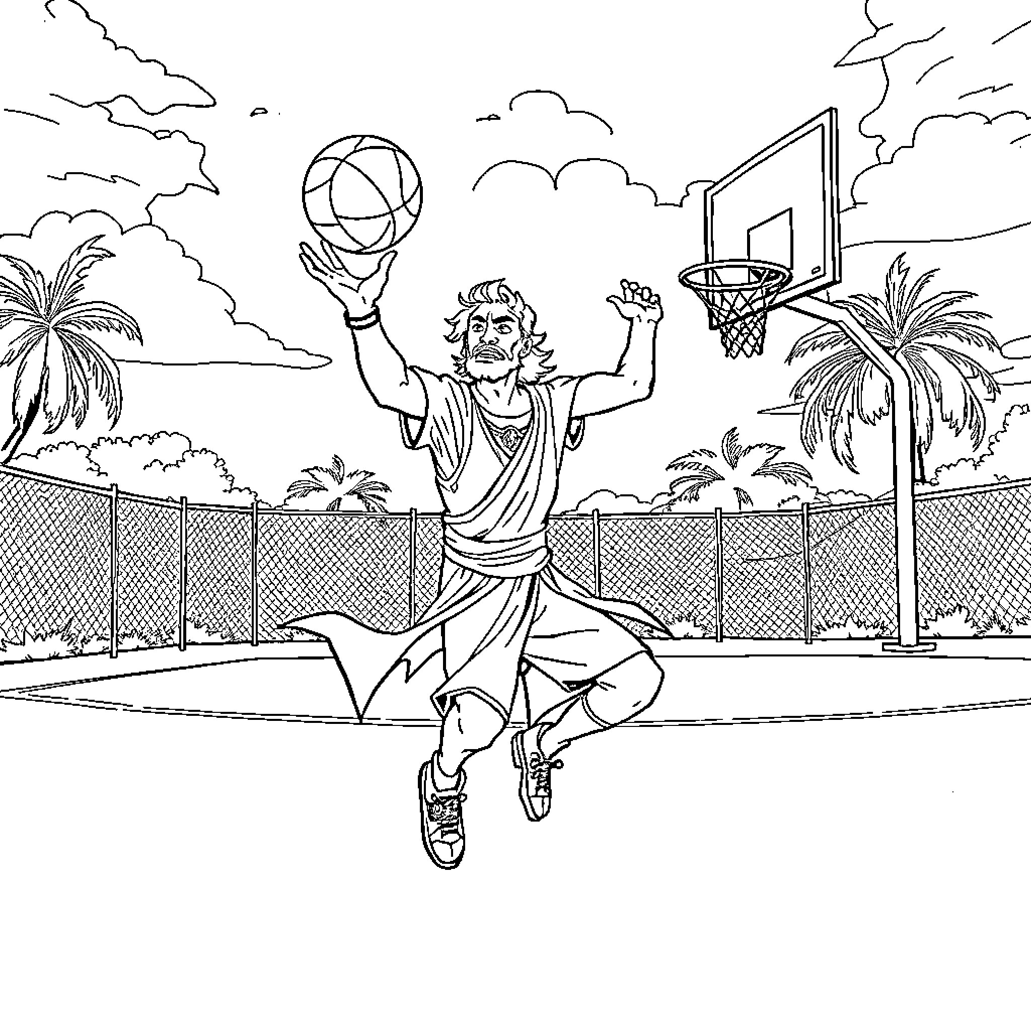 Rumi's Exhilarating Basketball Moves on the Court Coloring Page (free black-and-white line drawing printable PDF for all, from beginners to advanced learners, including children, teens, adults, and seniors)