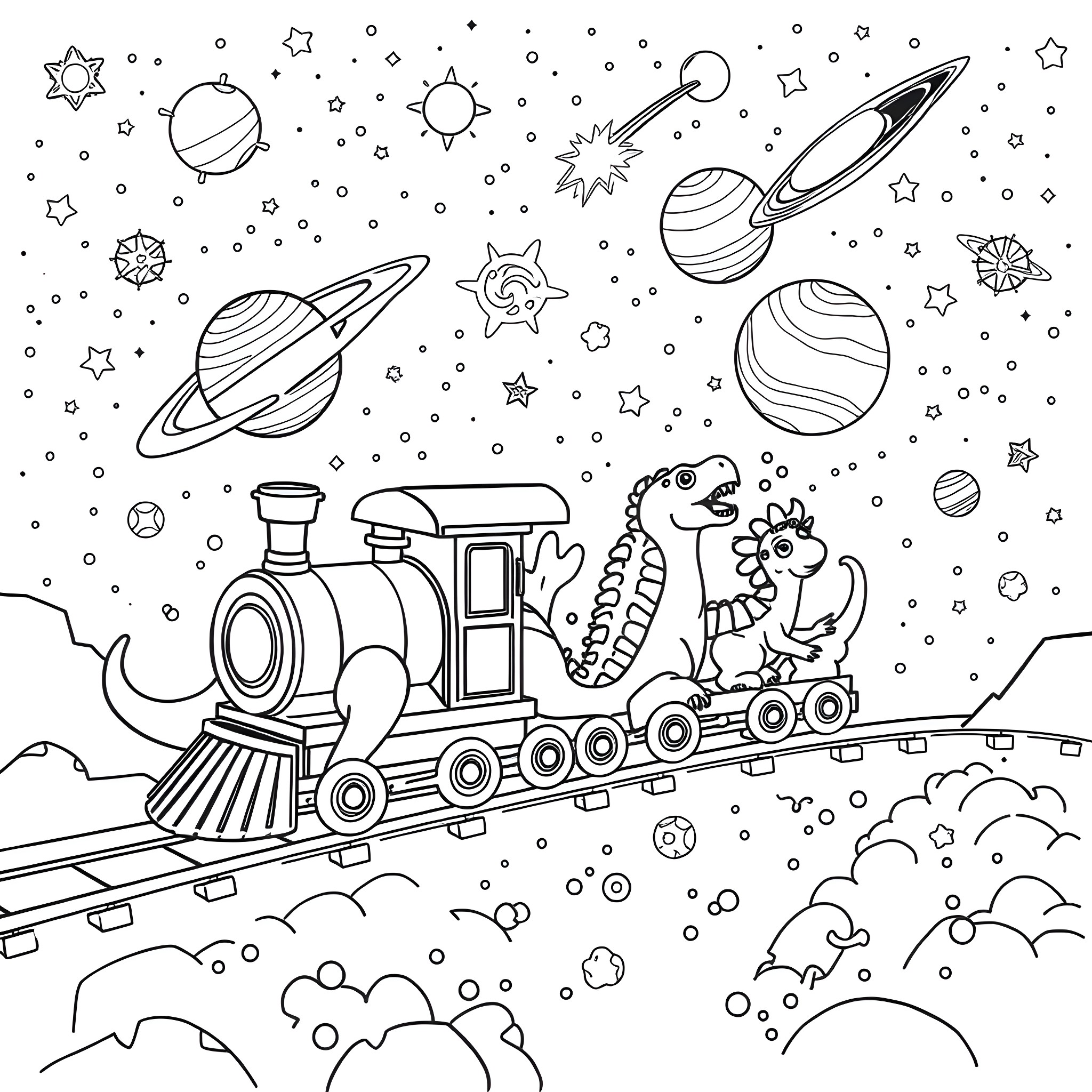 Dinosaur rides a train through a cosmic landscape Coloring Page (free black-and-white line drawing printable PDF for all, from beginners to advanced learners, including children, teens, adults, and seniors)