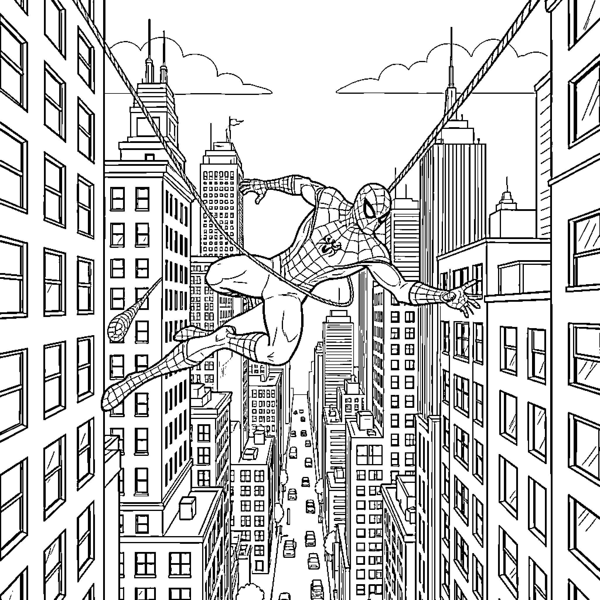 Spiderman swinging through the city skyscrapers Coloring Page (free black-and-white line drawing printable PDF for all, from beginners to advanced learners, including children, teens, adults, and seniors)