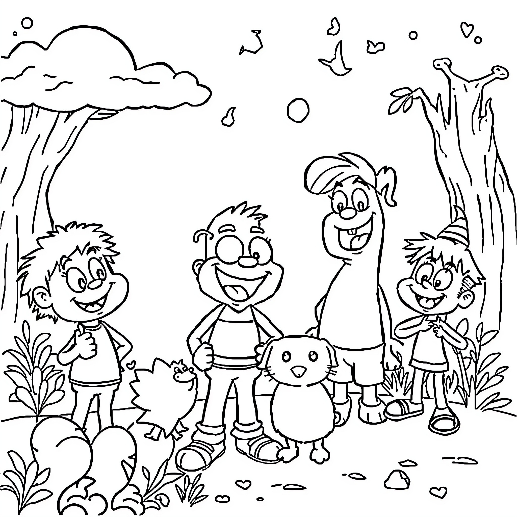 Cartoon Characters Exploring Nature Coloring Page (free black-and-white line drawing printable PDF for all, from beginners to advanced learners, including children, teens, adults, and seniors)