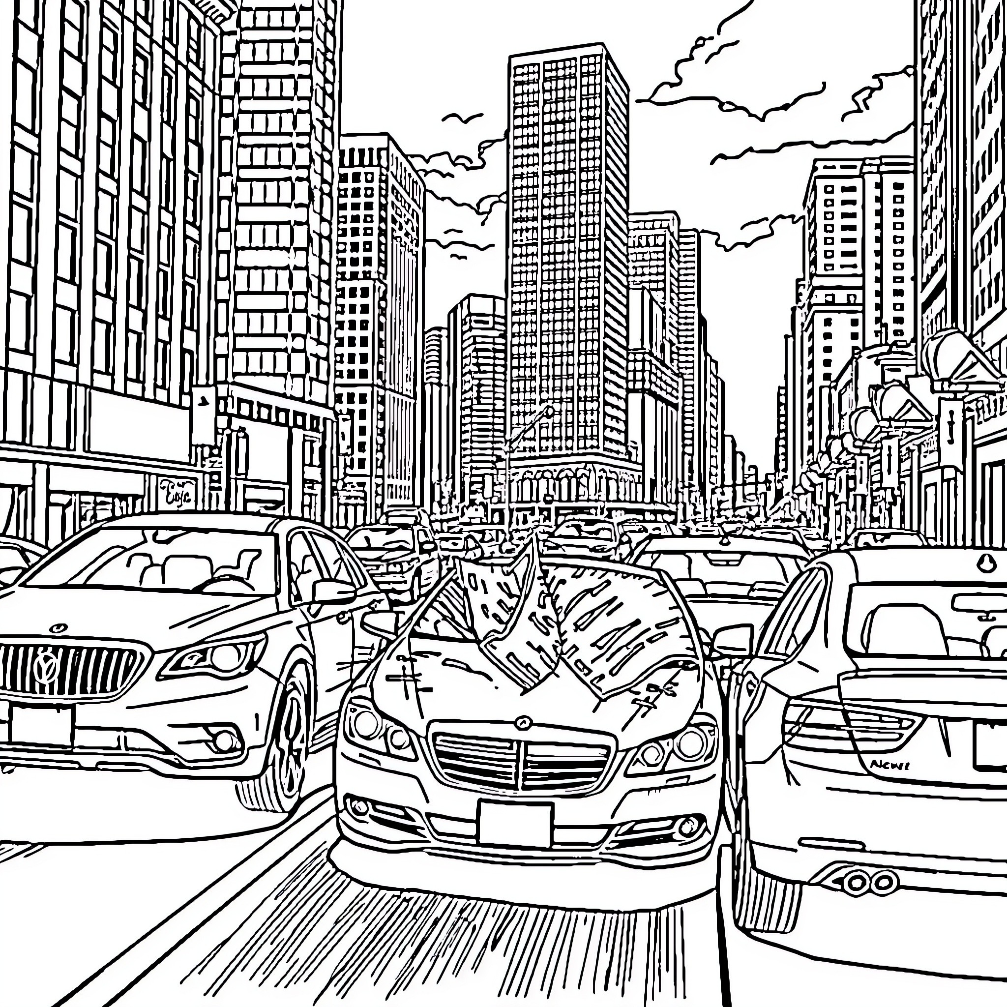 Car Traffic on City Street with Skyscrapers Coloring Page (free black-and-white line drawing printable PDF for all, from beginners to advanced learners, including children, teens, adults, and seniors)