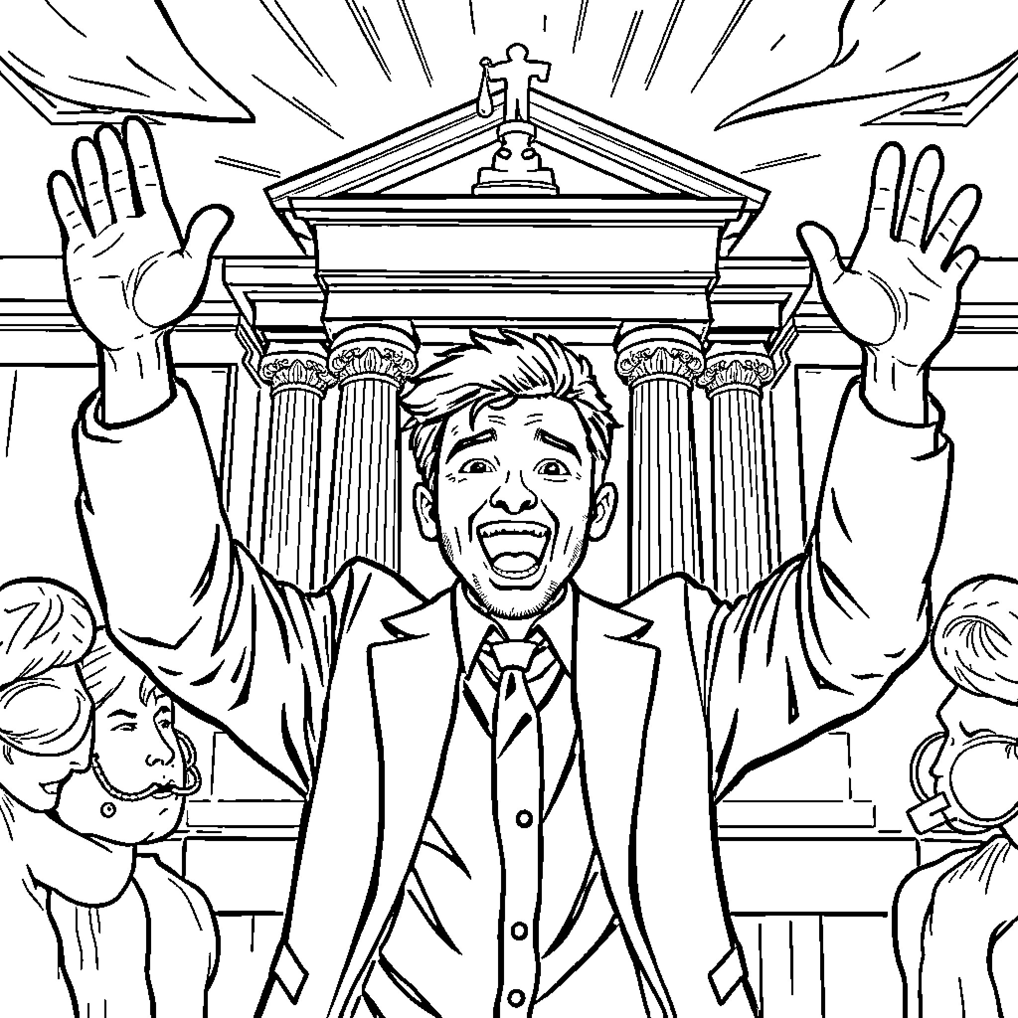 Person rejoicing in front of a grand building Coloring Page (free black-and-white line drawing printable PDF for all, from beginners to advanced learners, including children, teens, adults, and seniors)