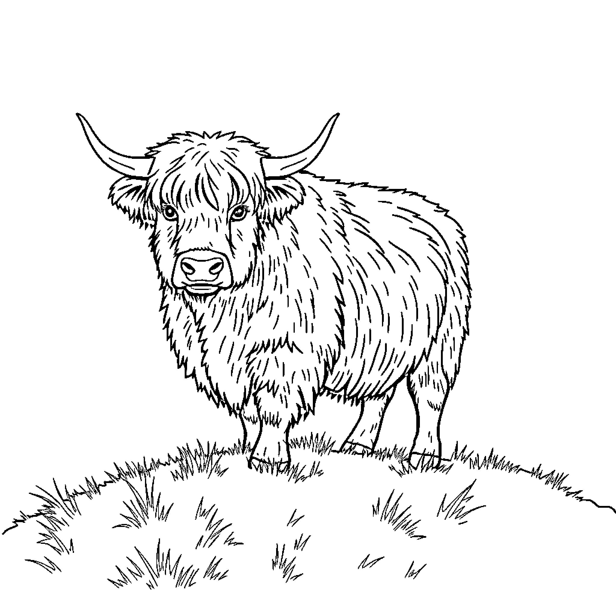Highland Cow standing in a grassy field Coloring Page (free black-and-white line drawing printable PDF for all, from beginners to advanced learners, including children, teens, adults, and seniors)