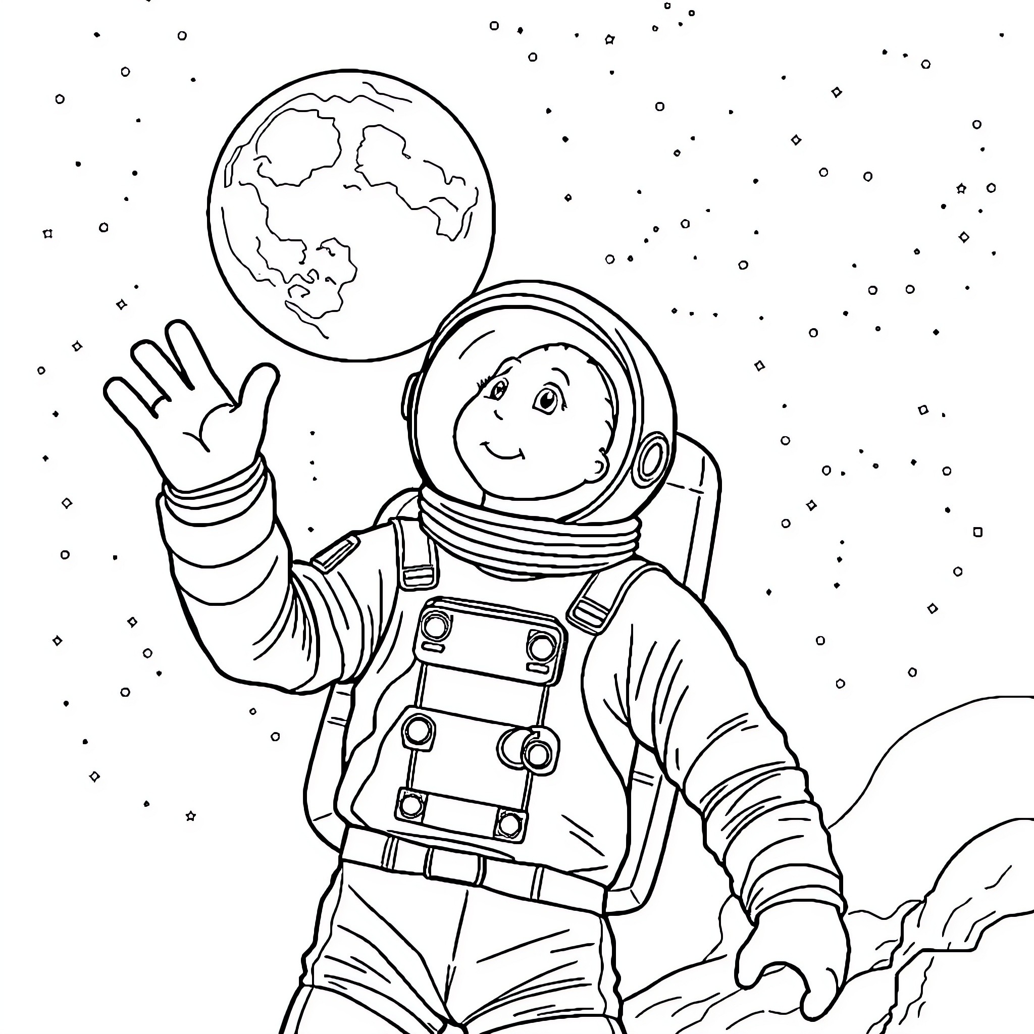 Astronaut exploring the wonders of space Coloring Page (free black-and-white line drawing printable PDF for all, from beginners to advanced learners, including children, teens, adults, and seniors)