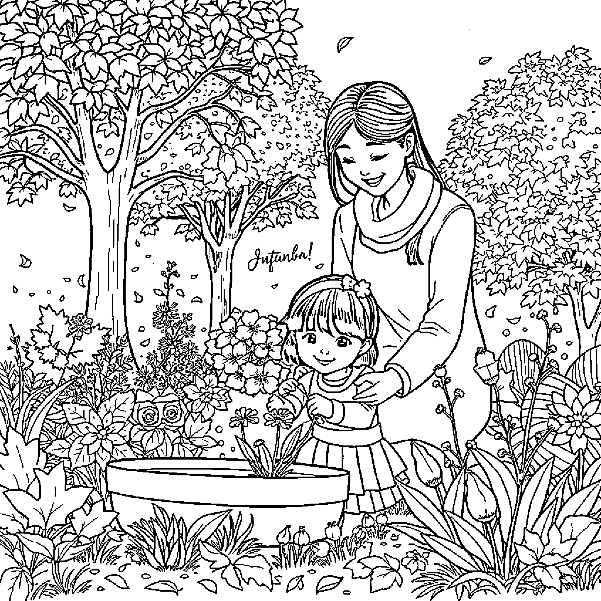 Mother and Daughter Gardening in Autumn Wonderland Coloring Page (free black-and-white line drawing printable PDF for all, from beginners to advanced learners, including children, teens, adults, and seniors)