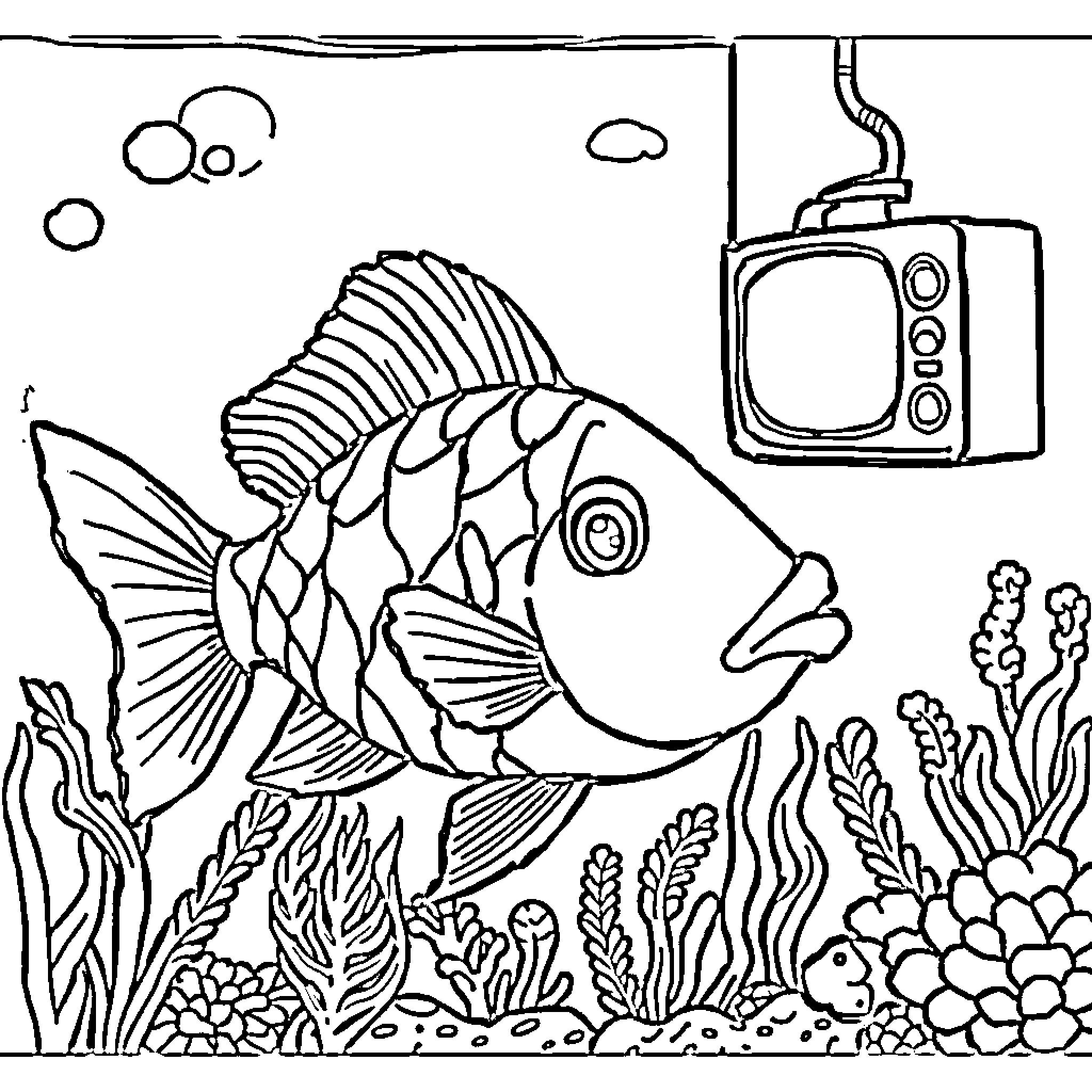 Fish swimming in underwater scene with old TV Coloring Page (free black-and-white line drawing printable PDF for all, from beginners to advanced learners, including children, teens, adults, and seniors)