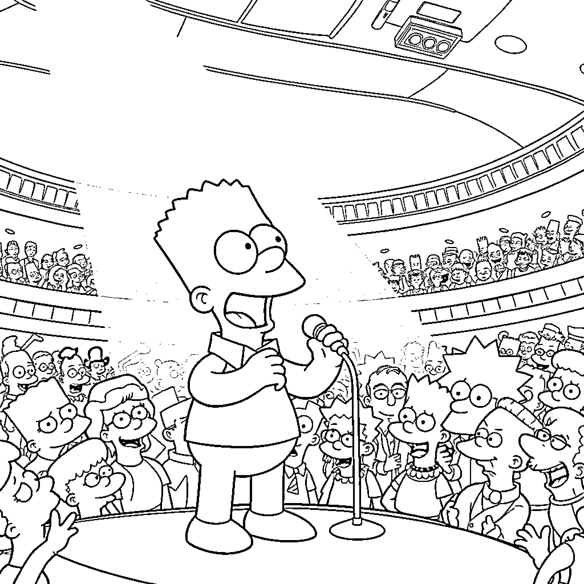 Bluey performing on stage in front of a crowd Coloring Page (free black-and-white line drawing printable PDF for all, from beginners to advanced learners, including children, teens, adults, and seniors)