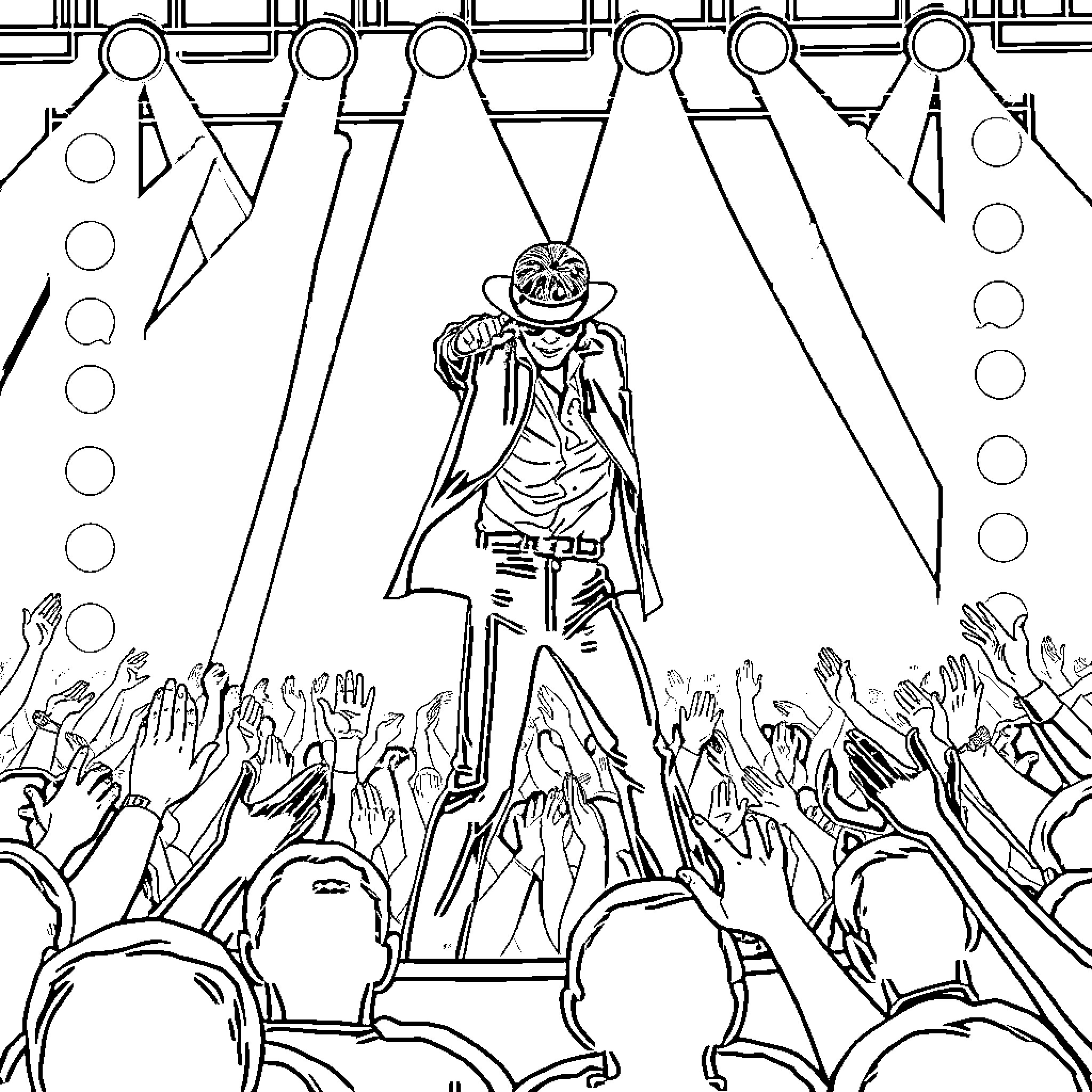 Michael Jackson performing on stage with adoring fans Coloring Page (free black-and-white line drawing printable PDF for all, from beginners to advanced learners, including children, teens, adults, and seniors)