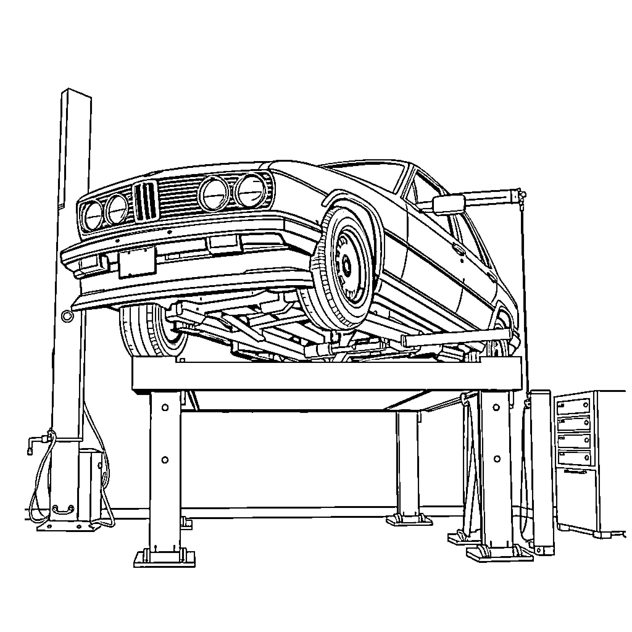 BMW Car in Maintenance Garage Coloring Page (free black-and-white line drawing printable PDF for all, from beginners to advanced learners, including children, teens, adults, and seniors)