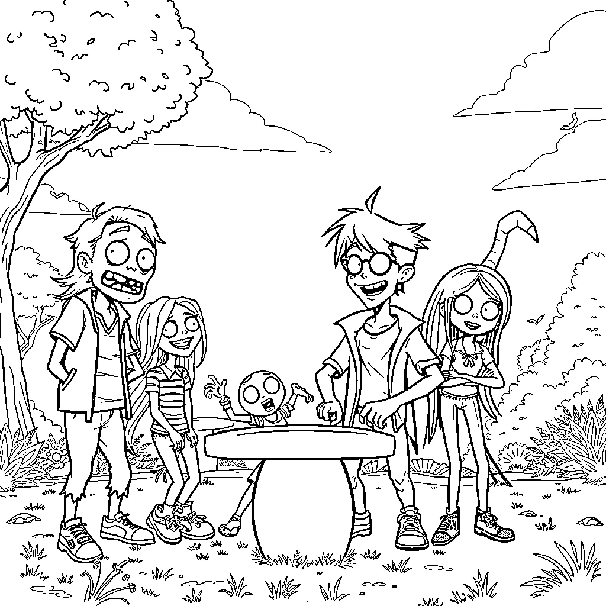 Zombies gather for a picnic in the forest Coloring Page (free black-and-white line drawing printable PDF for all, from beginners to advanced learners, including children, teens, adults, and seniors)