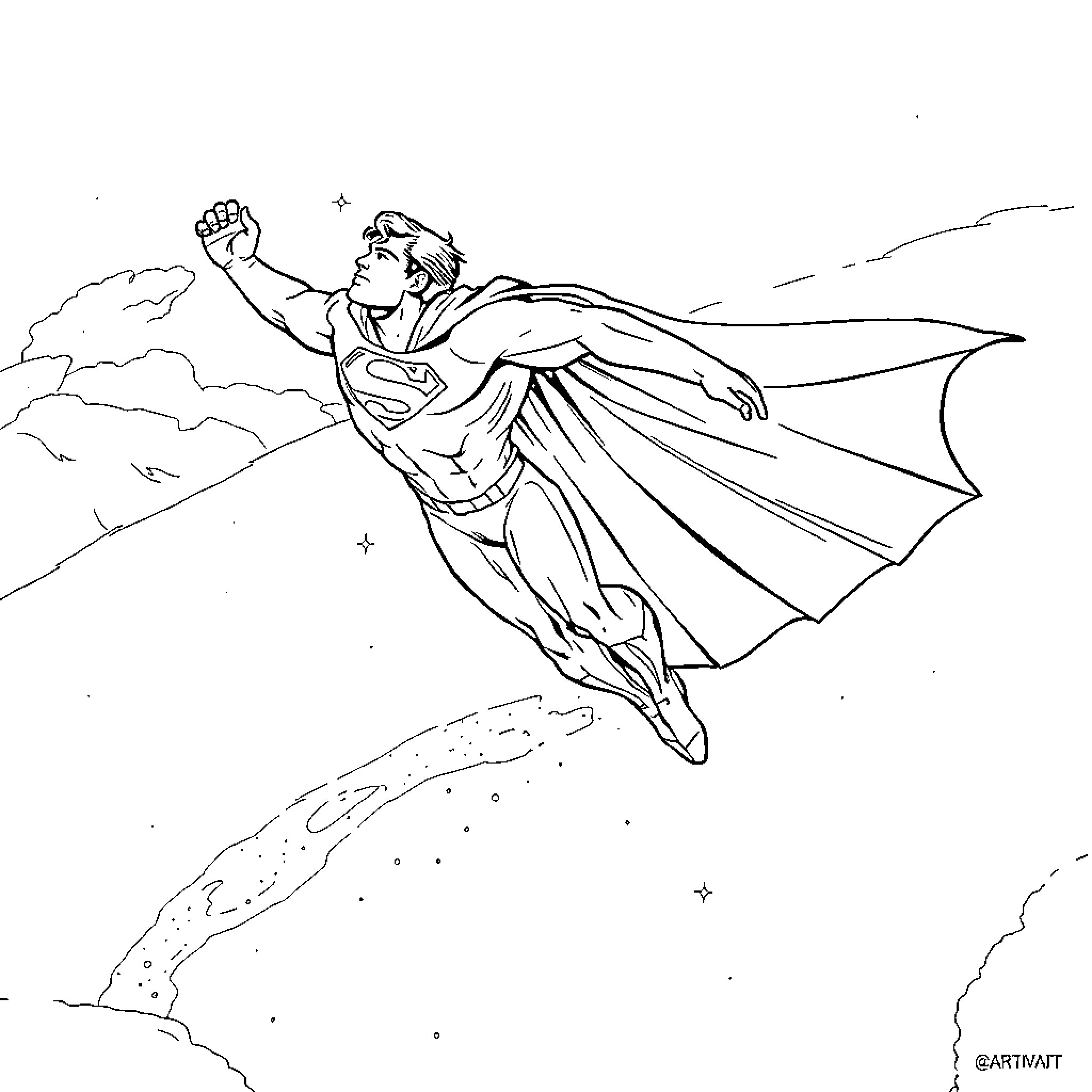 Superman soaring heroically through the sky Coloring Page (free black-and-white line drawing printable PDF for all, from beginners to advanced learners, including children, teens, adults, and seniors)