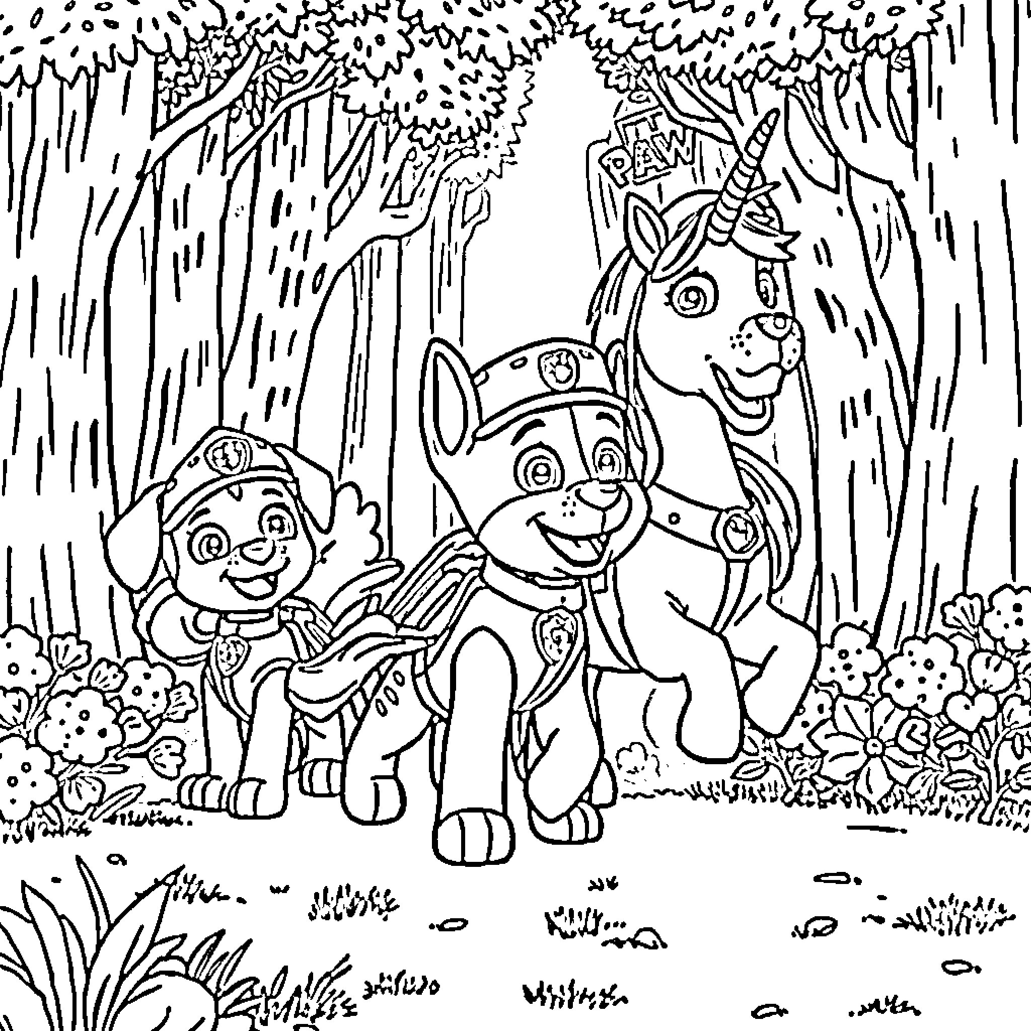 Paw Patrol Exploring the Enchanted Forest Coloring Page (free black-and-white line drawing printable PDF for all, from beginners to advanced learners, including children, teens, adults, and seniors)