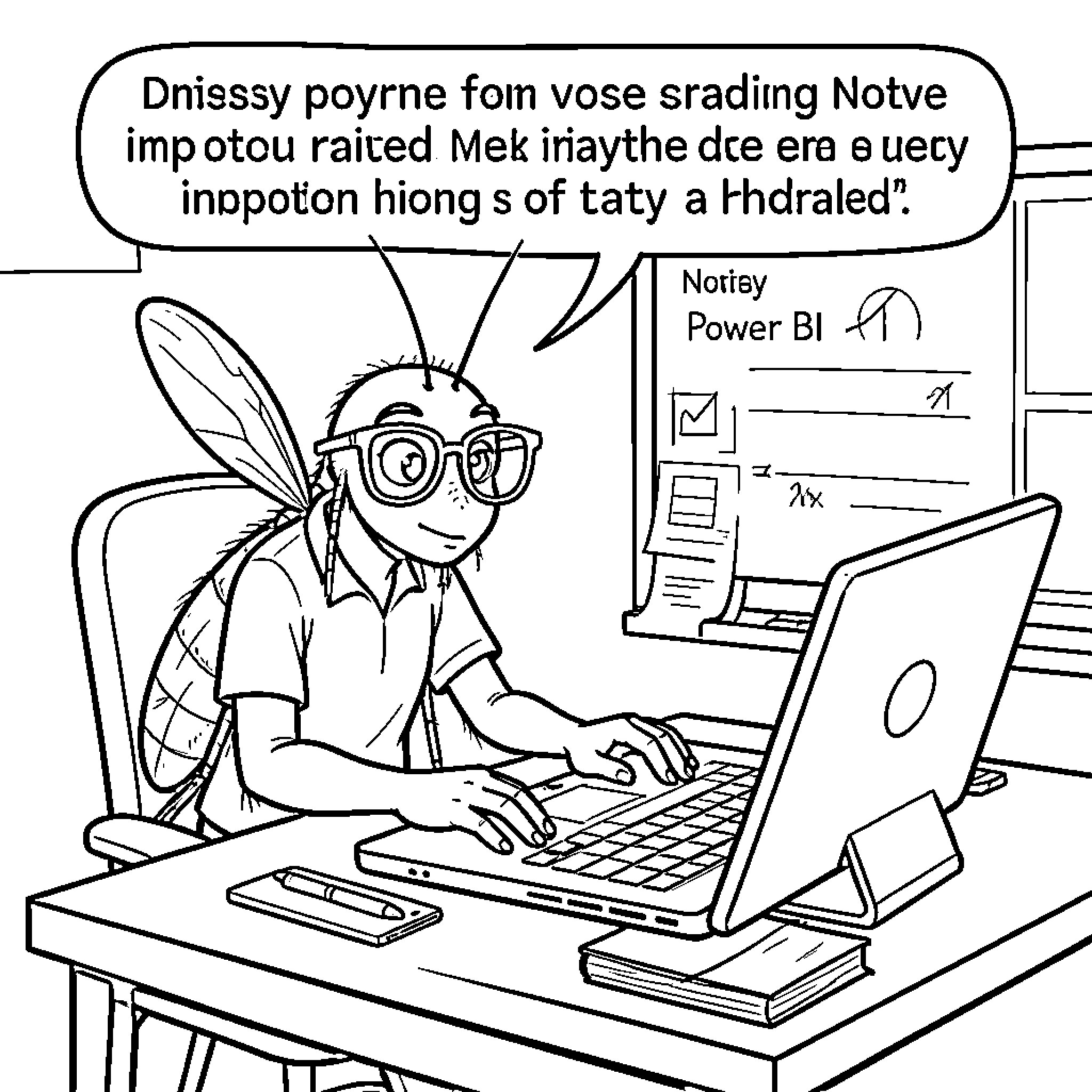 Mosquito wearing glasses working on a laptop computer Coloring Page (free black-and-white line drawing printable PDF for all, from beginners to advanced learners, including children, teens, adults, and seniors)