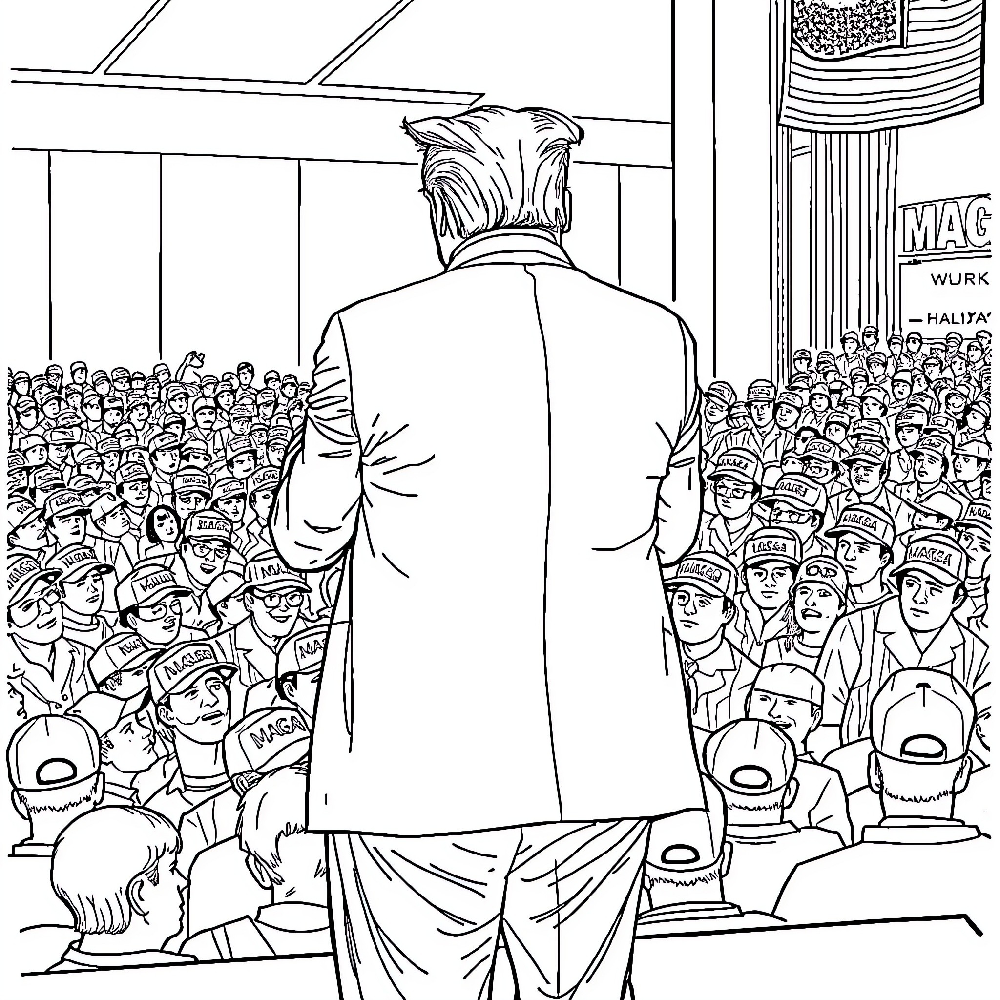 Donald Trump addressing a large crowd of supporters Coloring Page (free black-and-white line drawing printable PDF for all, from beginners to advanced learners, including children, teens, adults, and seniors)