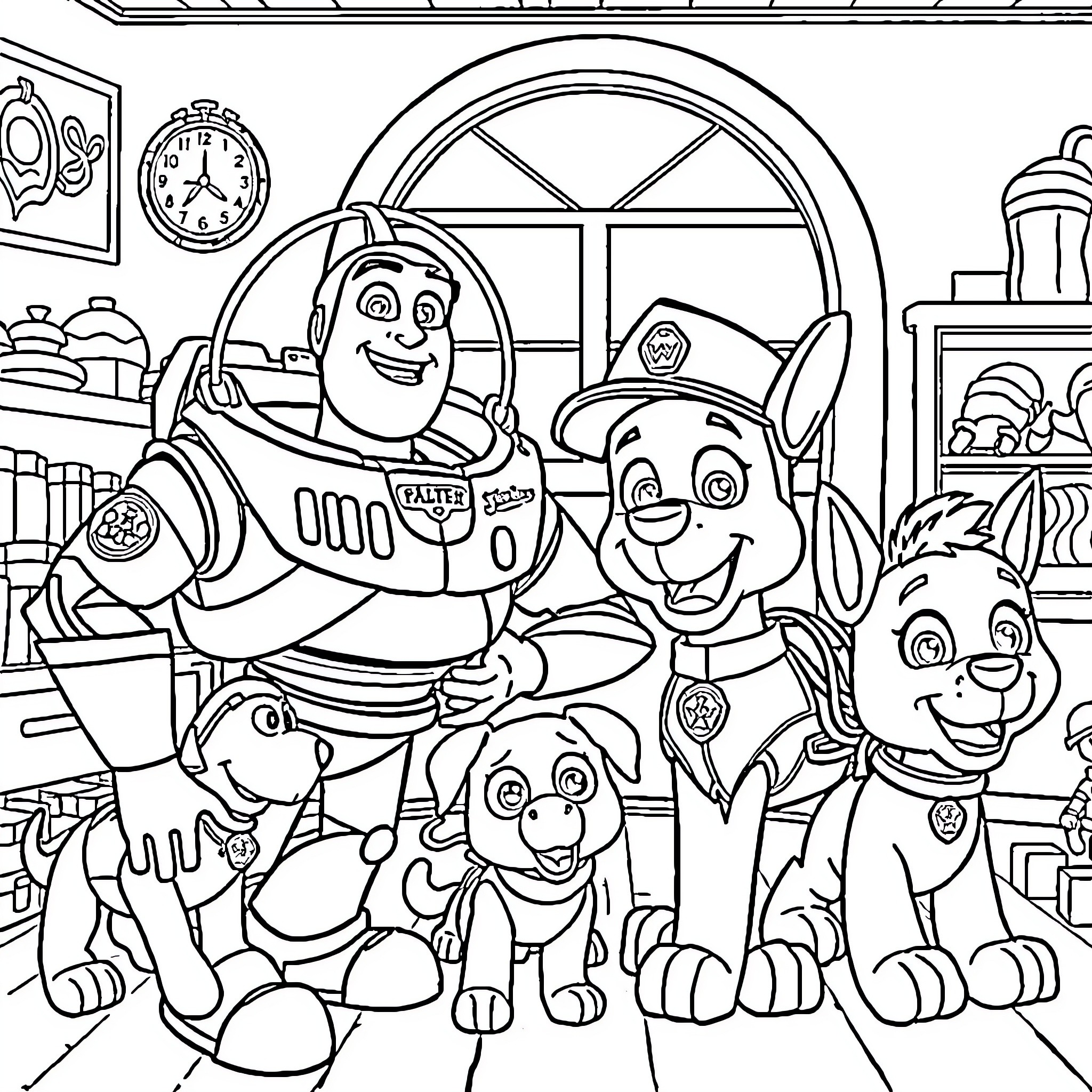 Buzz and Woody's Playful Adventure in the Room Coloring Page (free black-and-white line drawing printable PDF for all, from beginners to advanced learners, including children, teens, adults, and seniors)