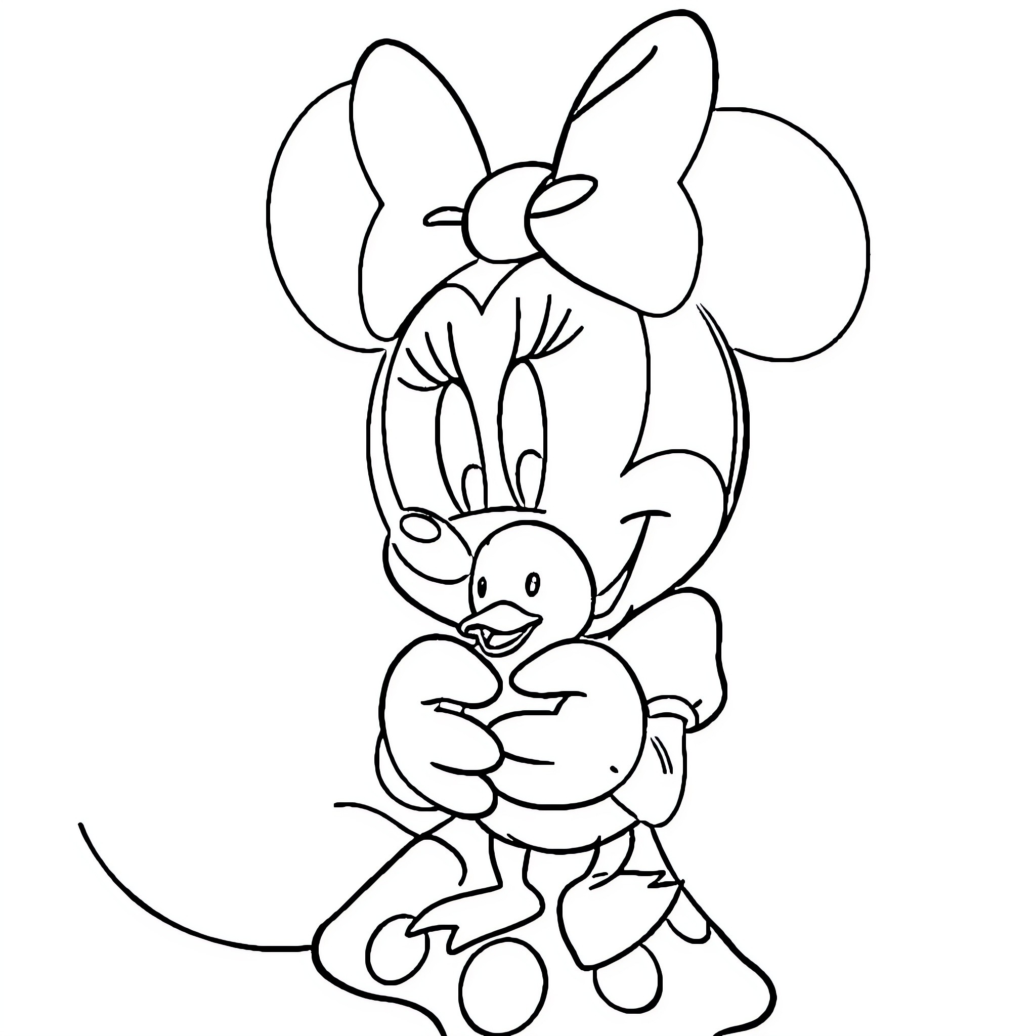 Minnie Mouse hugging a cute plush toy Coloring Page (free black-and-white line drawing printable PDF for all, from beginners to advanced learners, including children, teens, adults, and seniors)
